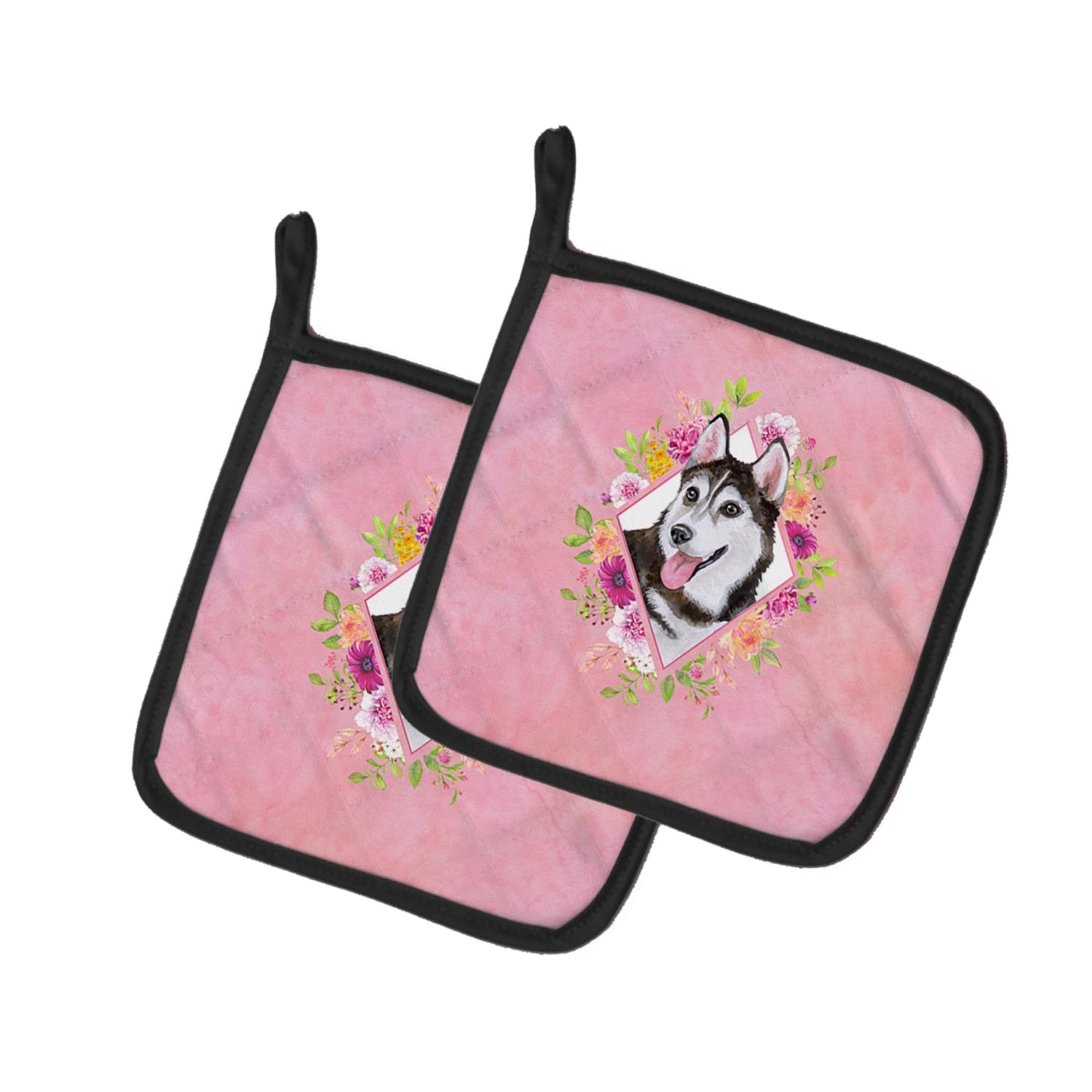 Siberian Husky #1 Pink Flowers Pair of Pot Holders