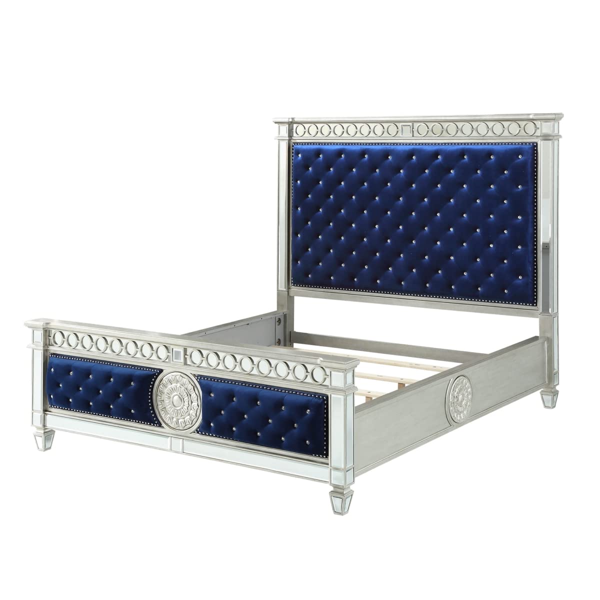 Benjara Wooden Queen Size Bed With Button Tufted Headboard And Mirror Finish Accents, Blue And Silver,
