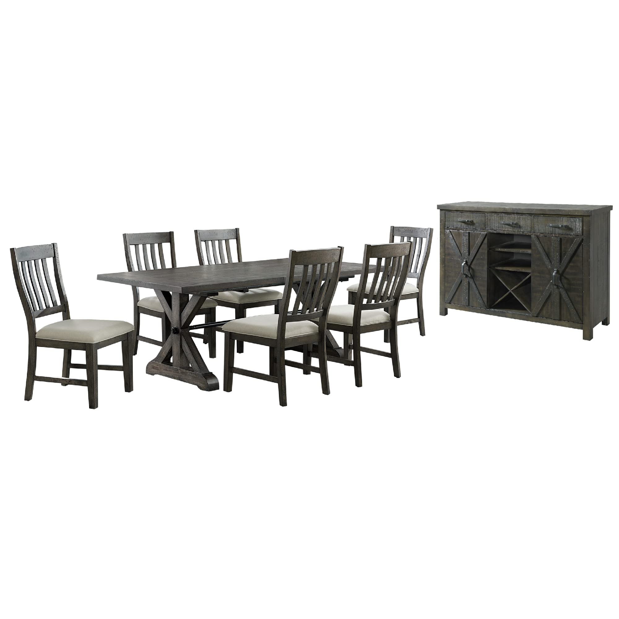 Sunset Trading Trestle 8 Piece Dining Set | 96 Rectangular Extendable Table | Sideboard with 20 Bottle Wine Rack | Distressed Gray Wood | 6 Upholstered Chairs | Seats 8”