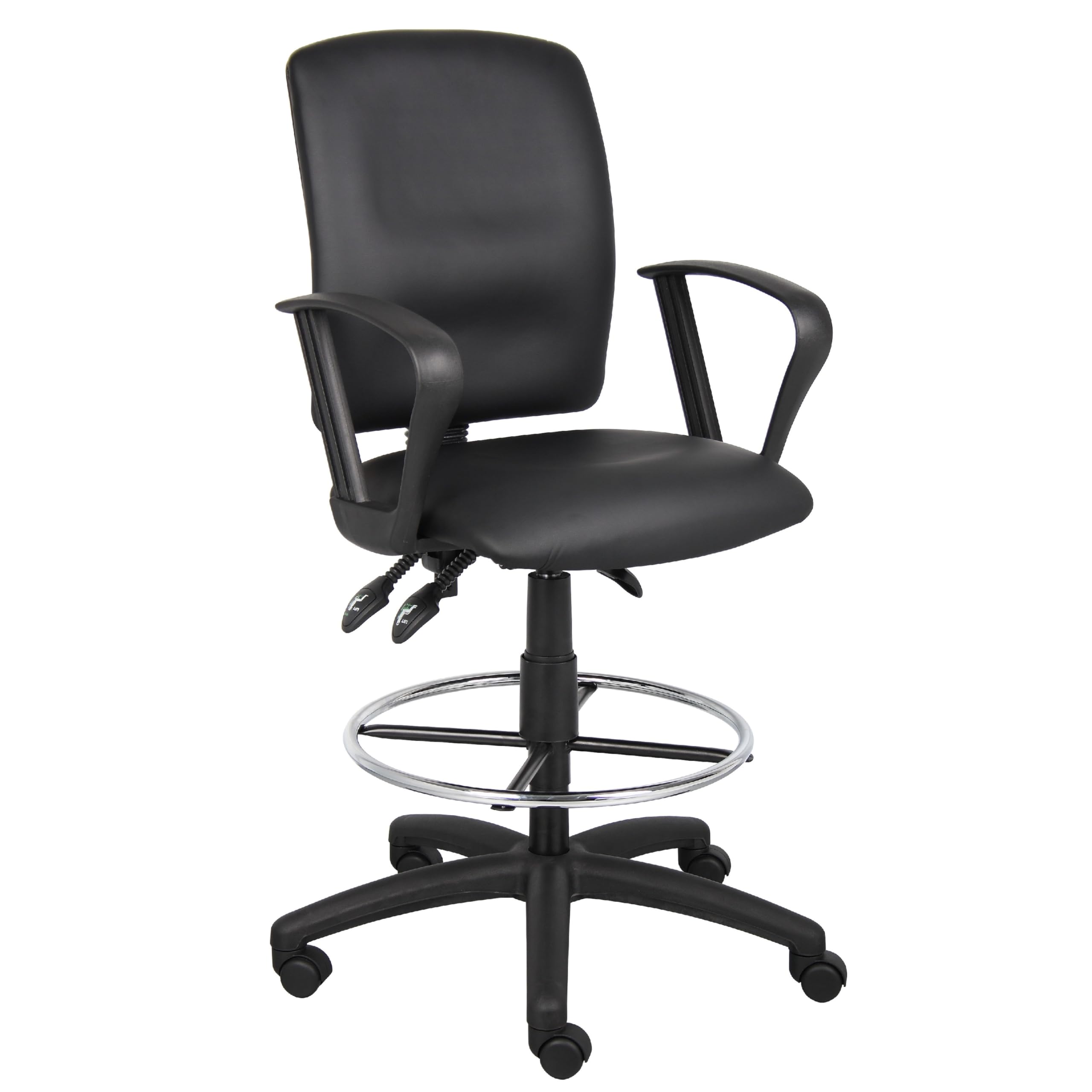 Reza Rolling Drafting Armchair, Footring, Black Faux Leather, Swivel
