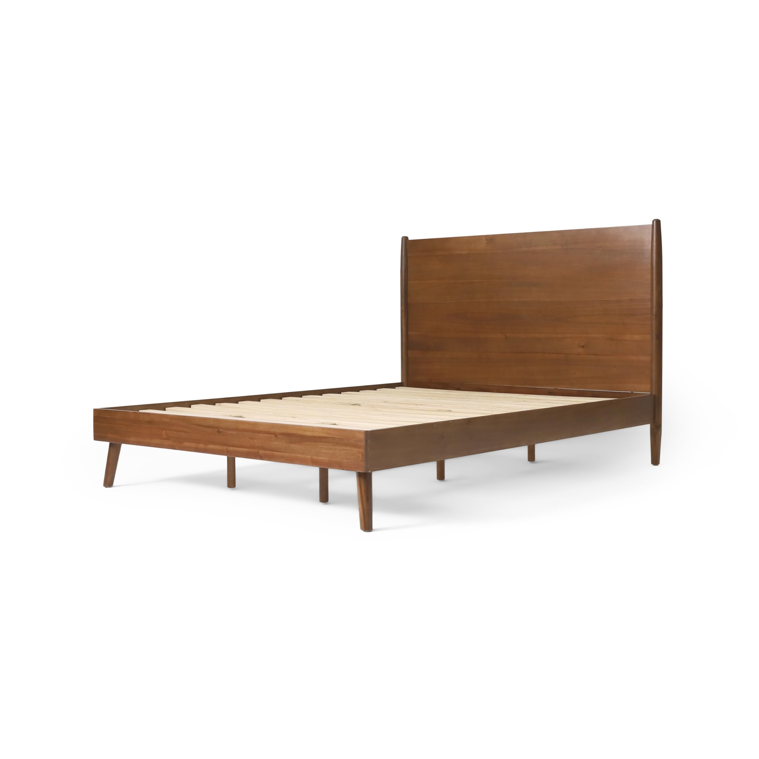 Ozzy Queen Size Bed, Panel Headboard Design, Rich Brown Acacia Wood