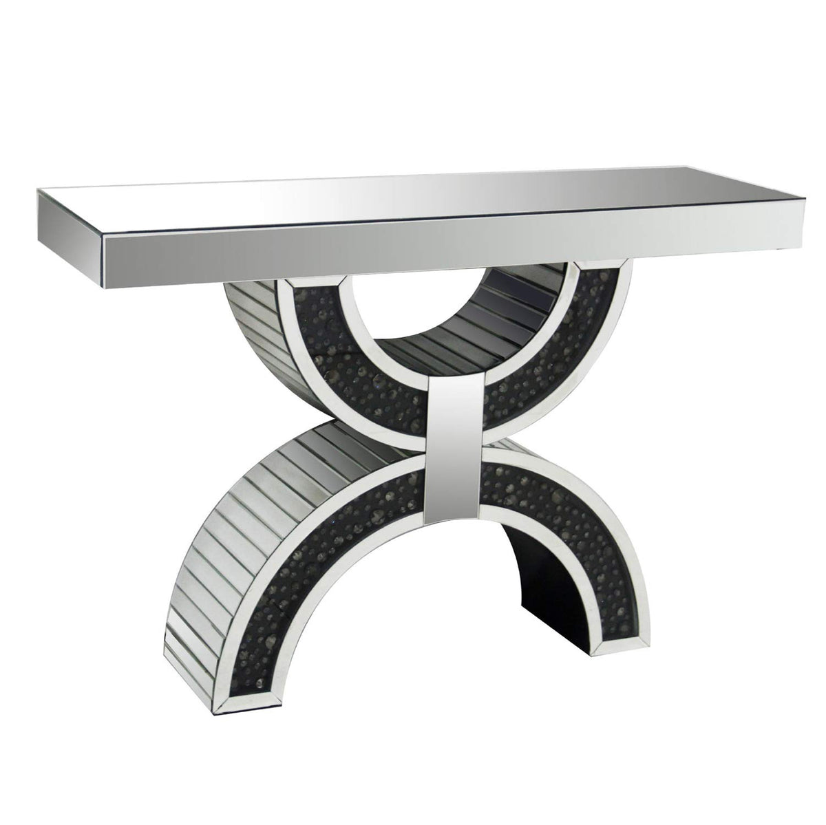 Benjara Wood And Mirror Console Table With Geometric Style Base, Clear And Black