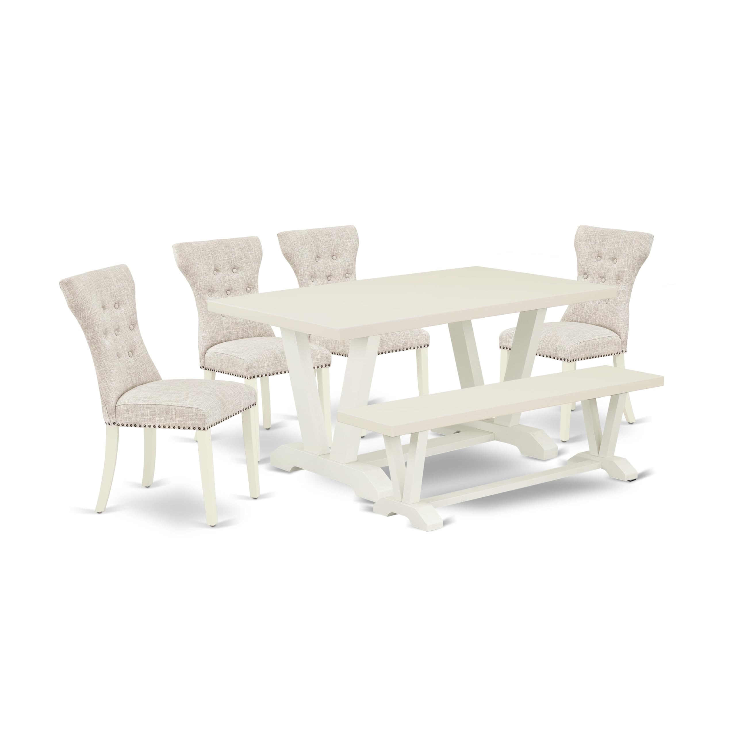 V026GA235-6 6-Piece Kitchen Dinette Set-Doeskin Linen Fabric Seat and Button Tufted Chair Back Parson dining room chairs, A Rectangular Bench and Rectangular top Kitchen Table with Wooden Legs - Linen