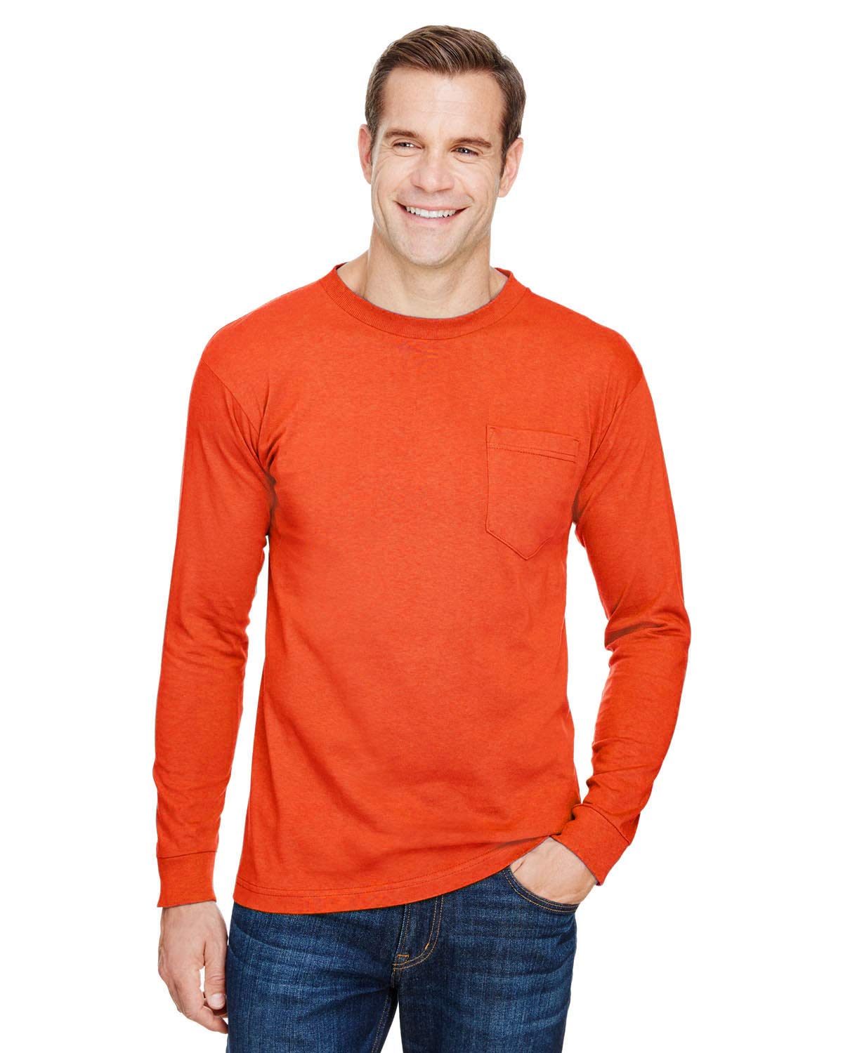 Bayside Union-Made Long Sleeve T-Shirt with a Pocket - Orange, XL
