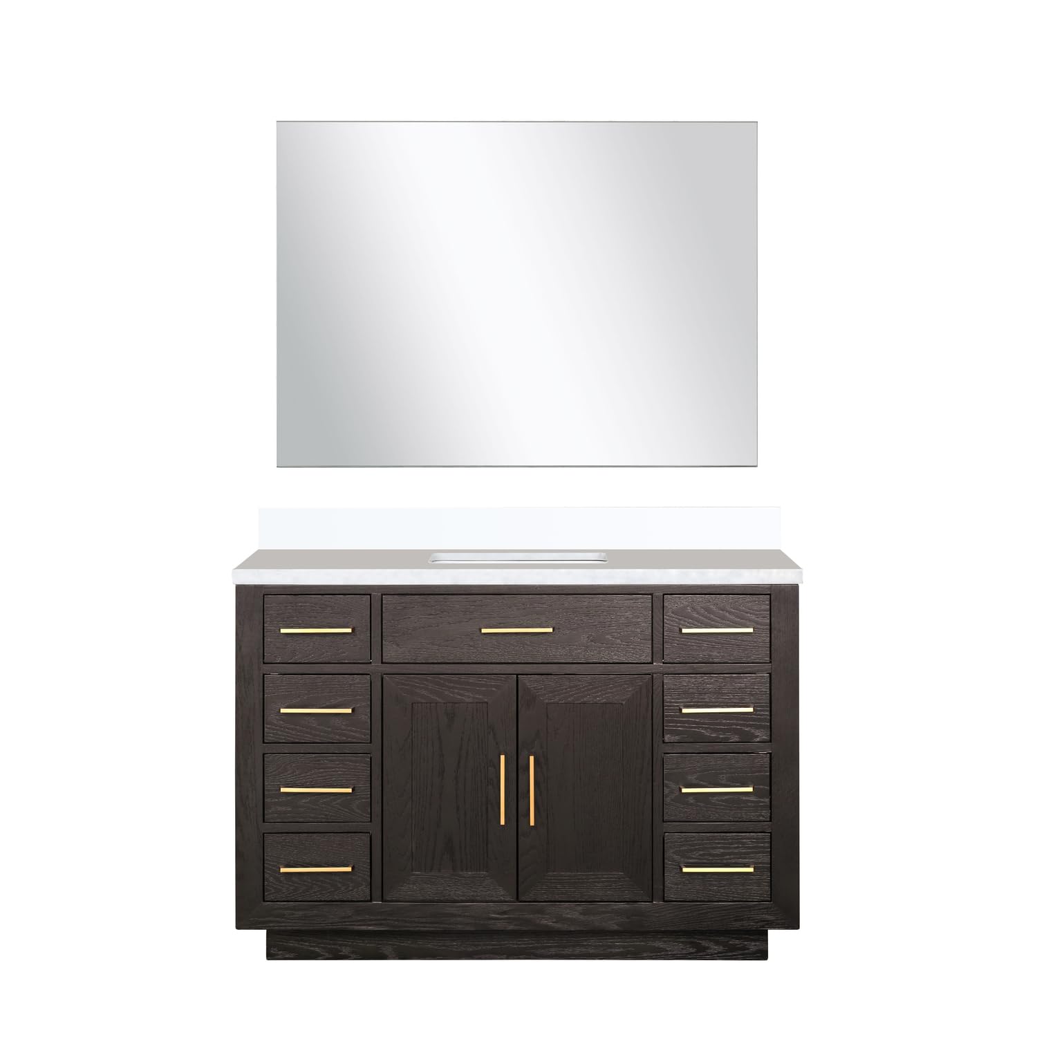Abbey 48 in W x 22 in D Brown Oak Single Bath Vanity, White Quartz Top, and 46 in Mirror