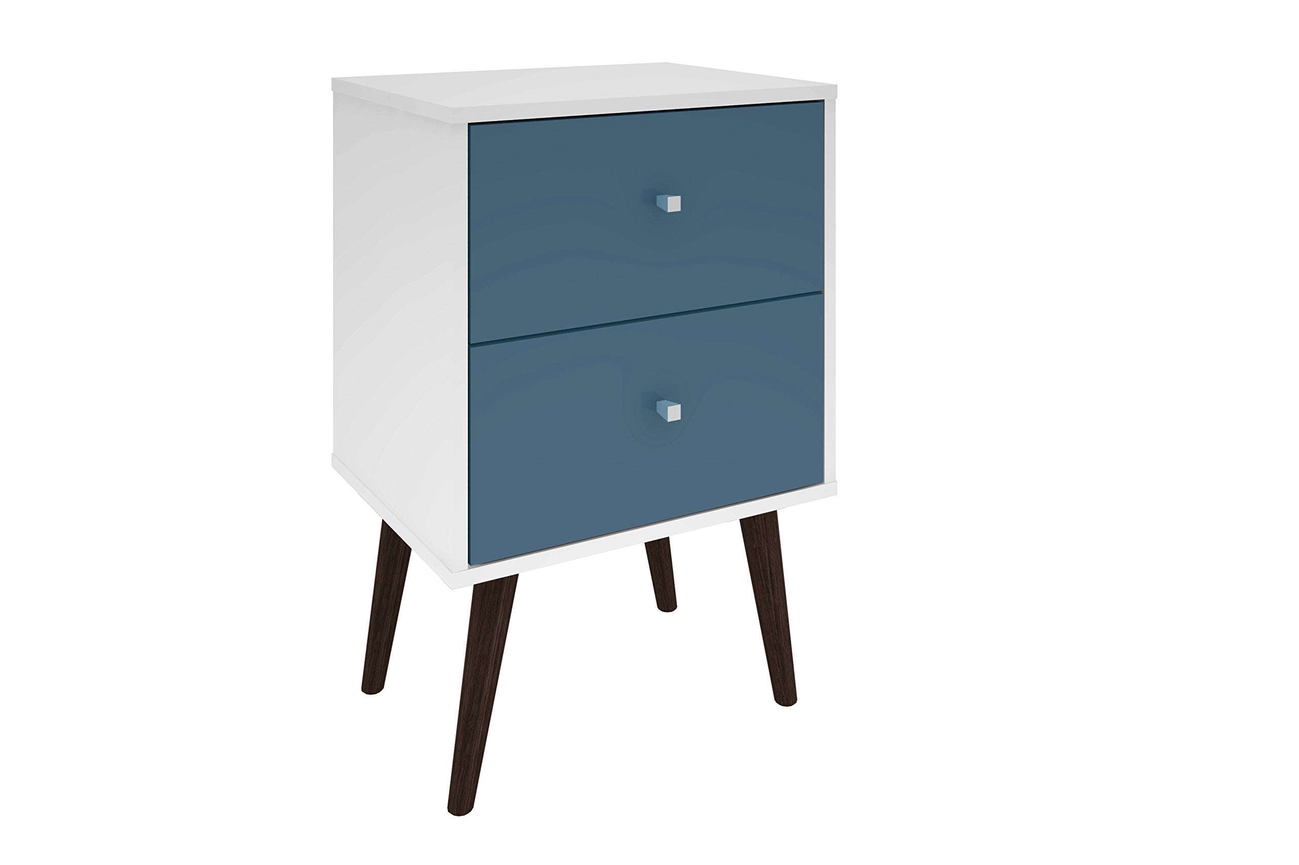 Liberty Mid Century - Modern Nightstand 2.0 with 2 Full Extension Drawers in White and Aqua Blue  with Solid Wood Legs
