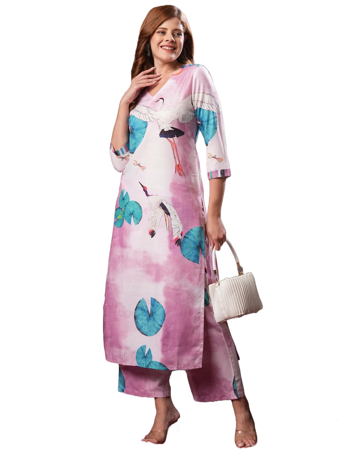Gosriki WomenS Cotton Blend Straight Printed Kurta With Palazzo (Swans Baby Pink-Gs_L_Baby Pink_Large)