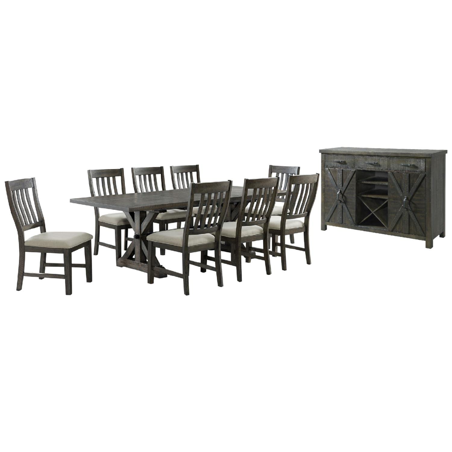 Sunset Trading Trestle 10 Piece Dining Set | 96 Rectangular Extendable Table | Sideboard with 20 Bottle Wine Rack | Distressed Gray Wood | 8 Upholstered Chairs | Seats 8"