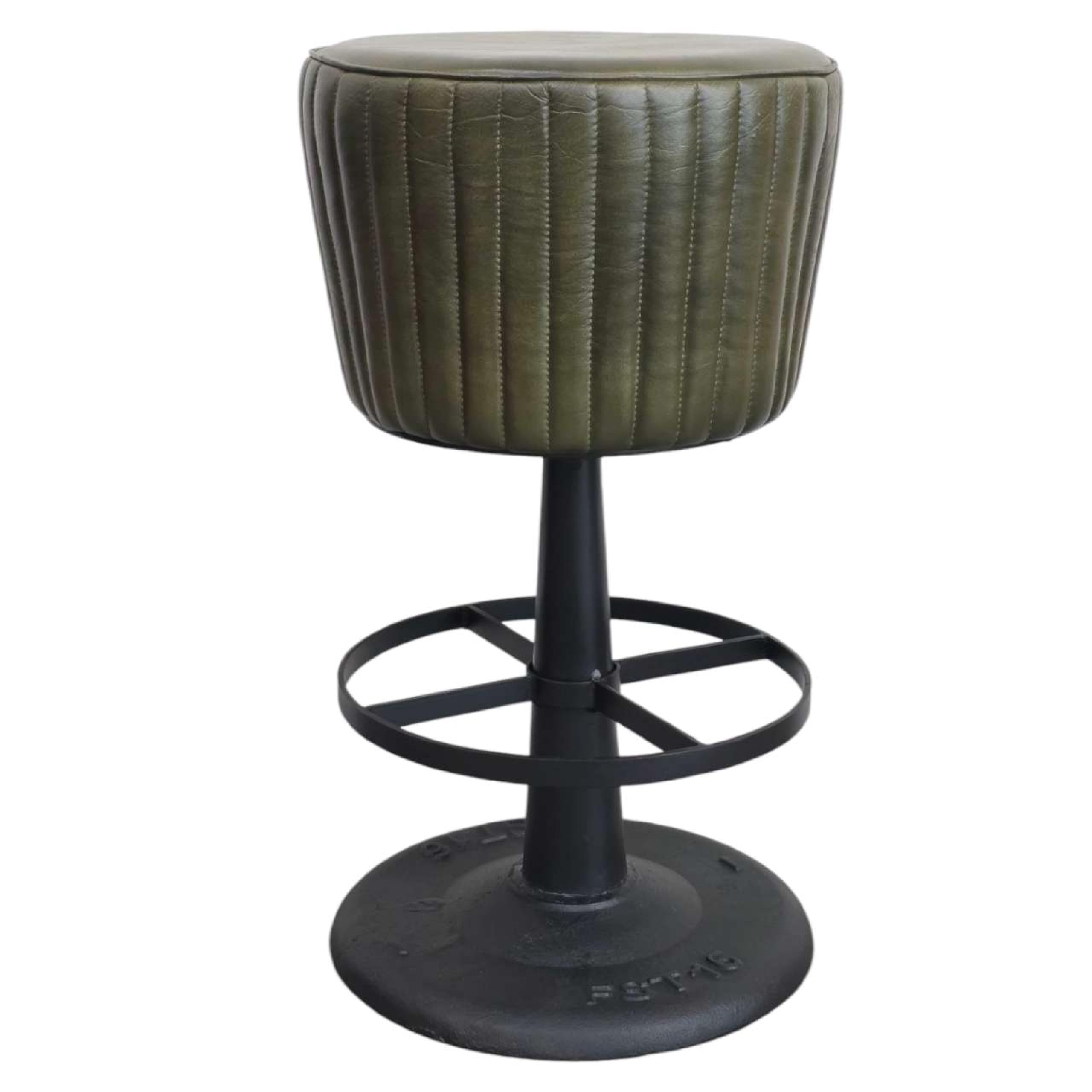 Myra Mushroom Counter Stool, Green Ribbed Leather, Dark Gray Iron Base