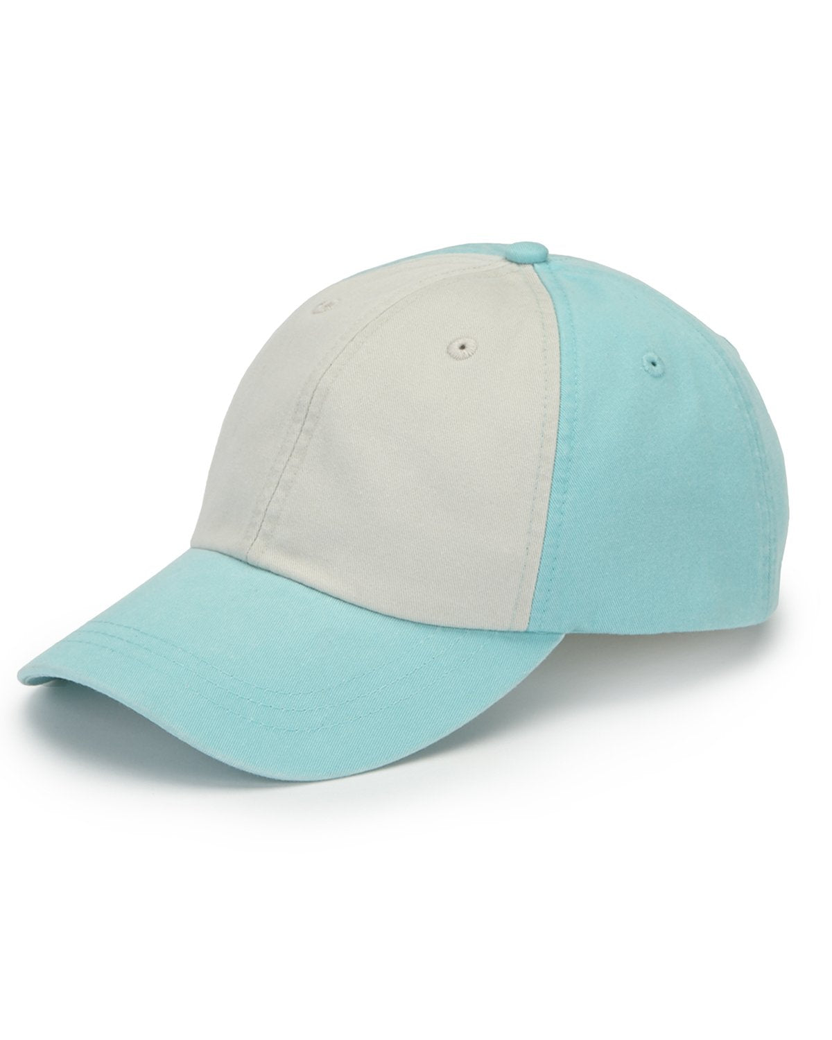 LP106 | SPINNAKER- Pigment dyed, garment washed, cotton twill, unstructured, low profile cap with contrast coor front panel, Adams Cool-Crown mesh lining and leather back strap with antique brass buckle. - SEAFOAM/IVORY