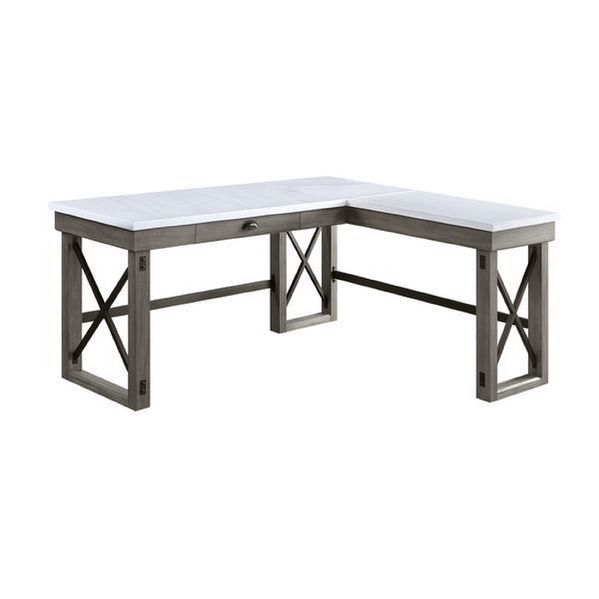 L Shape Writing Desk with Marble Lift Top and Sled Base, Gray and White