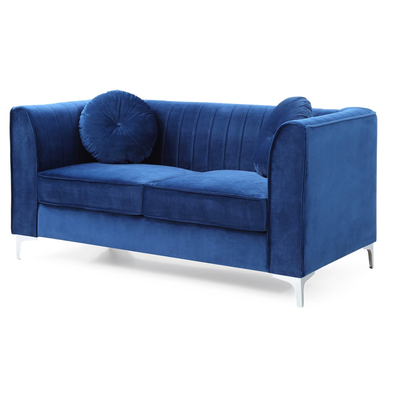 Delray 65 in. Navy Blue Tuxedo Arm Velvet Loveseat with 2-Throw Pillow
