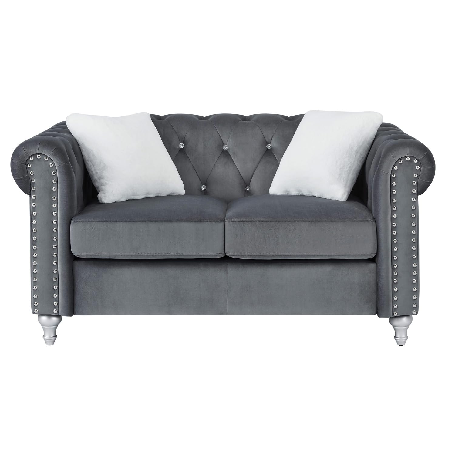 Raisa 60 in. Gray Velvet 2-Seater Sofa with 2-Throw Pillow