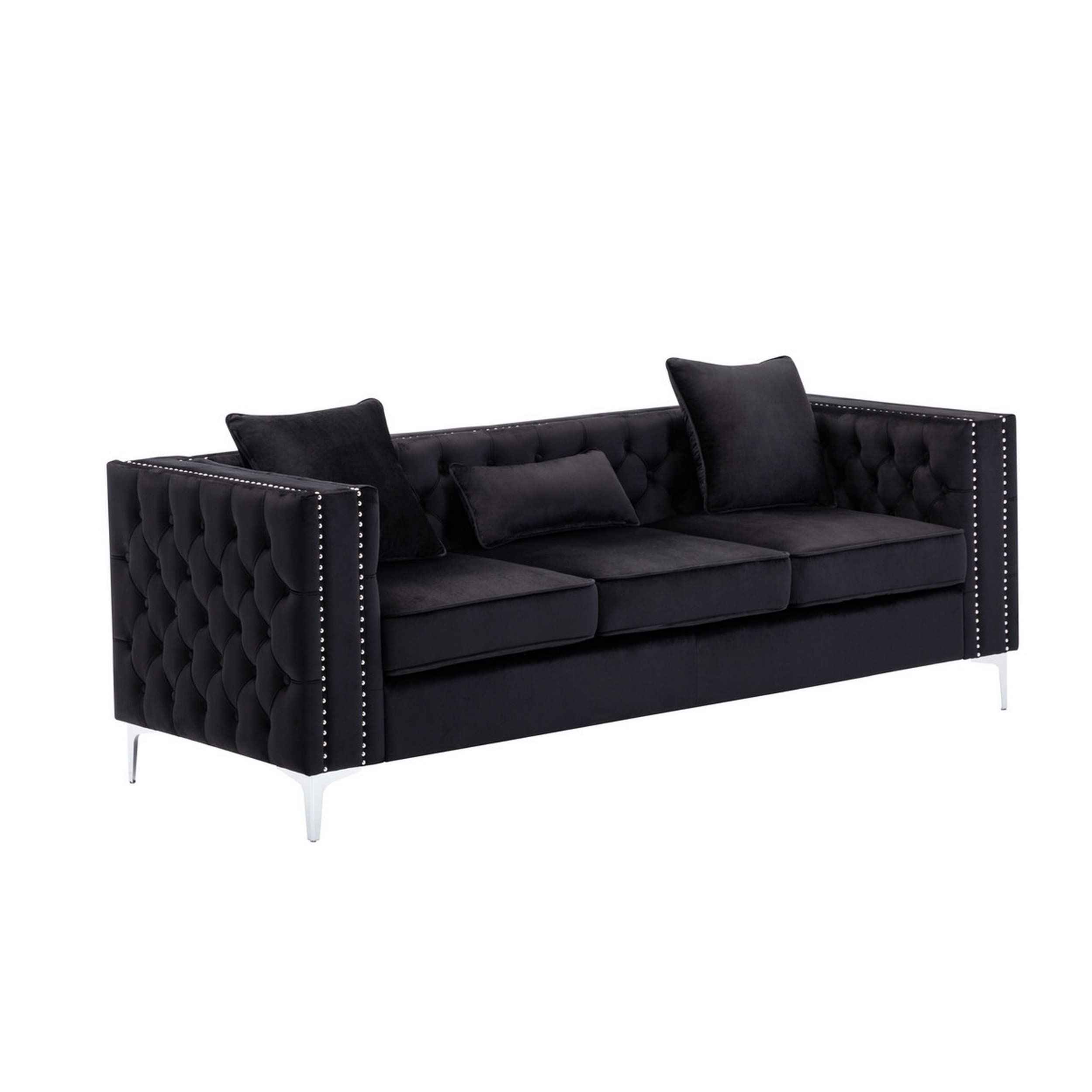 Joni 86 Inch Sofa, Chesterfield Design, Deep Button Tufting, Black Velvet