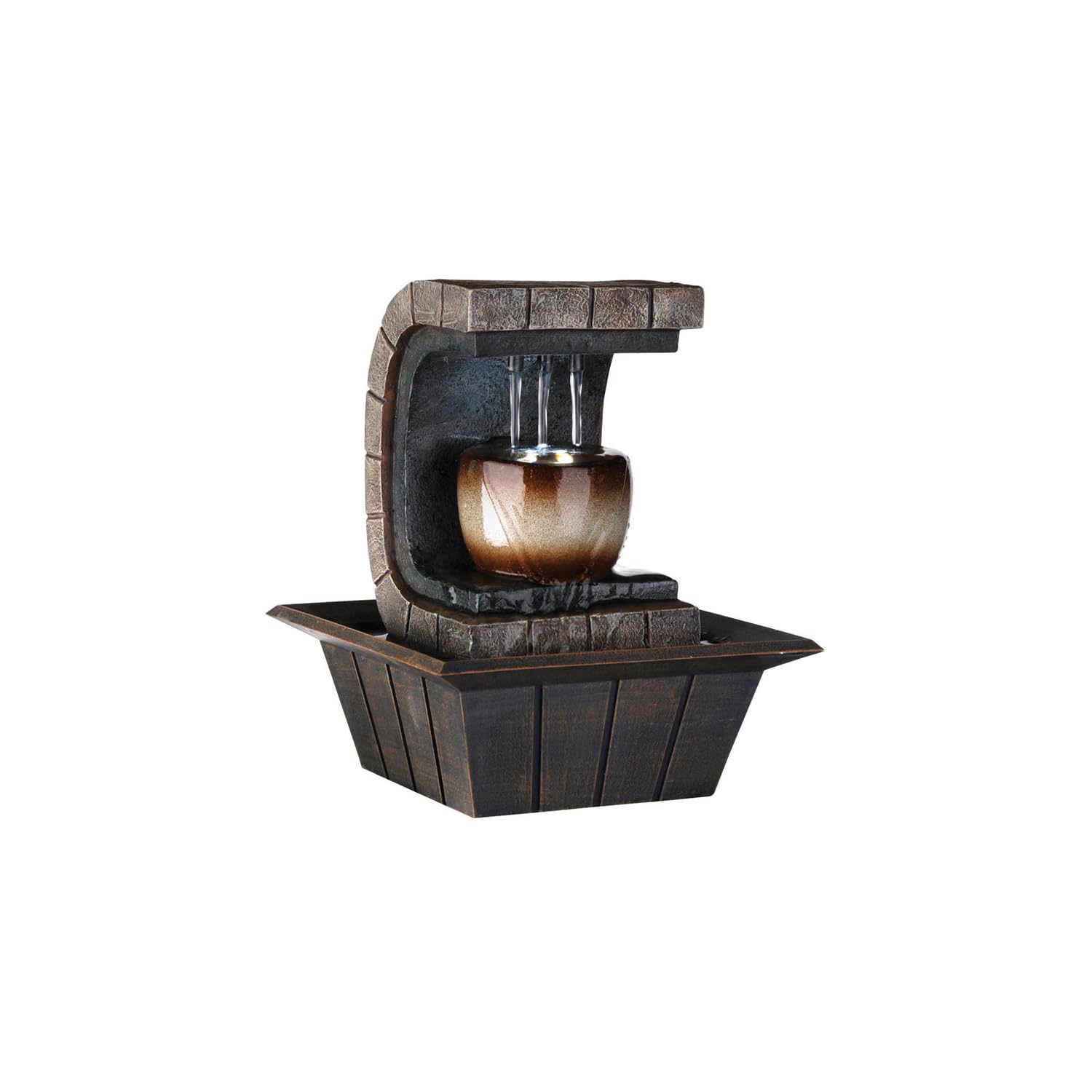 C Shaped Polyresin Frame Fountain with Tapered Base and LED Lights, Brown