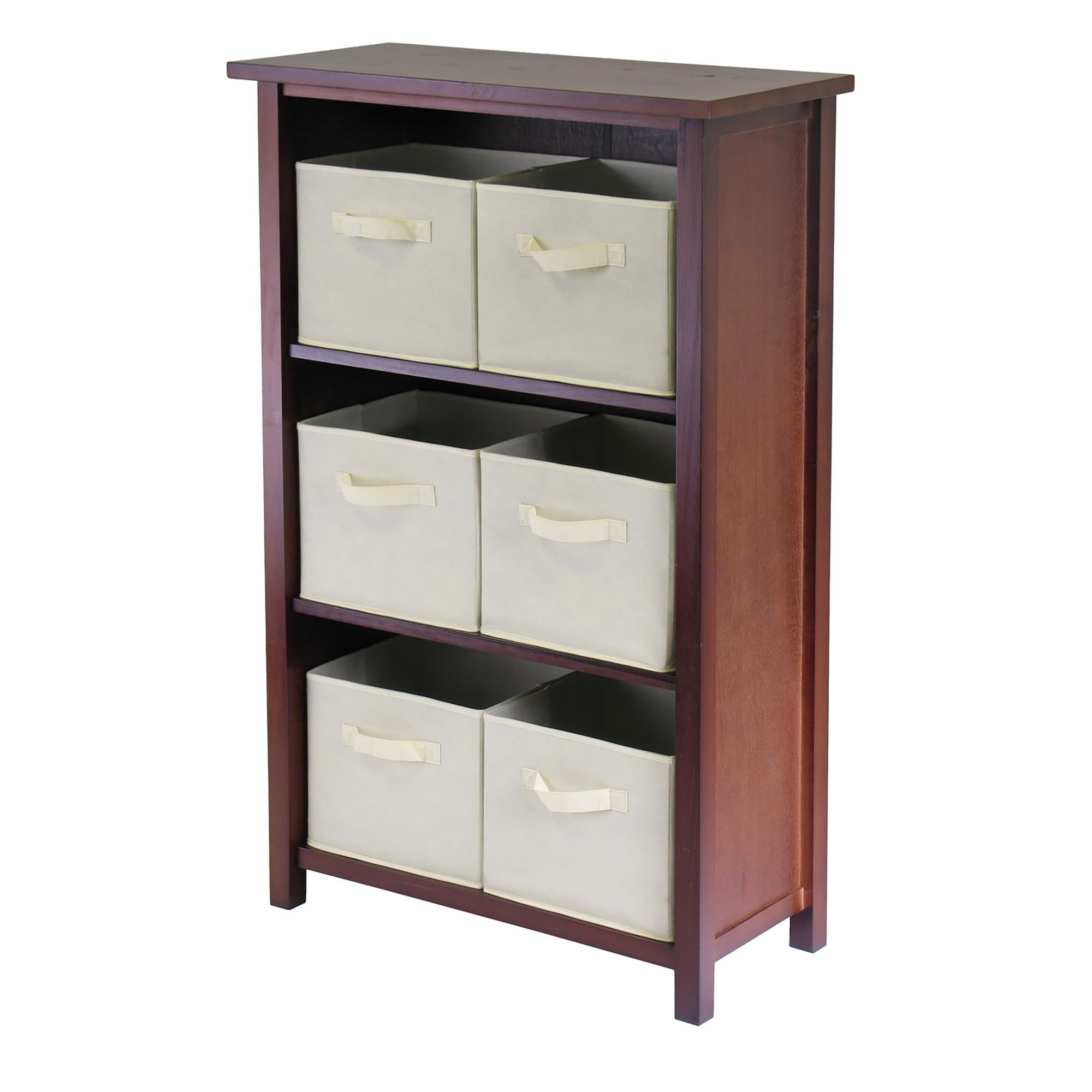 Verona 7-Pc Storage Shelf with 6 Foldable Fabric Baskets, Walnut and Beige