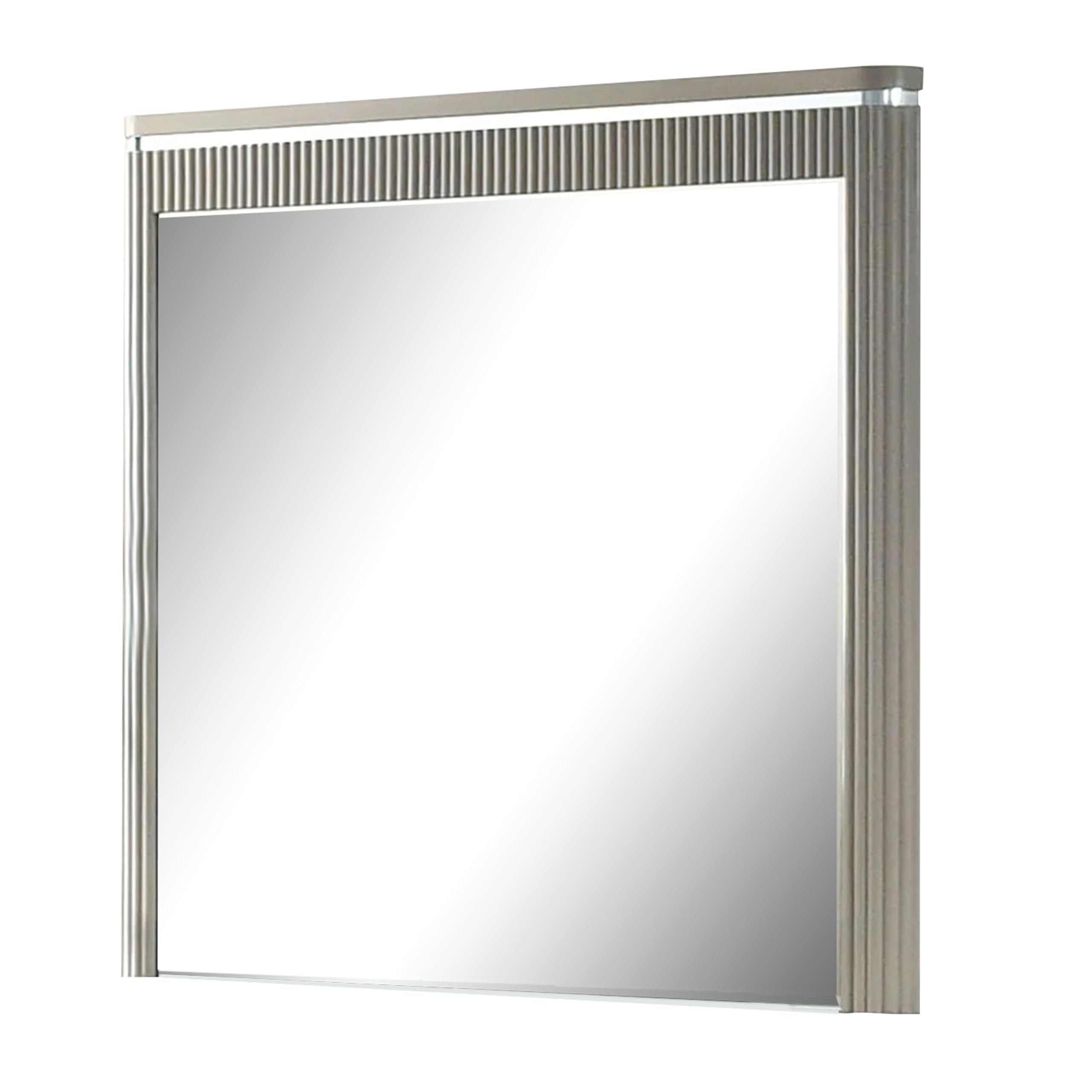 Gema Dresser Mirror, 38 Inch Light Gray Wood, Reeded Design, Silver Accents