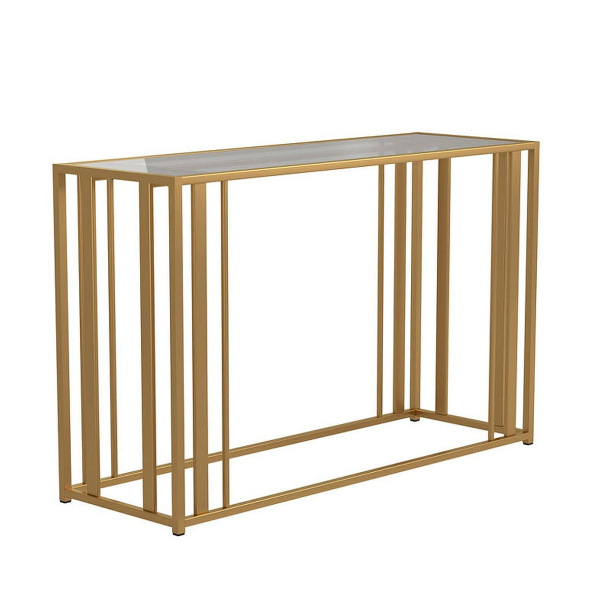Benjara Glass Top Sofa Table With Metal Tubular Base, Brass
