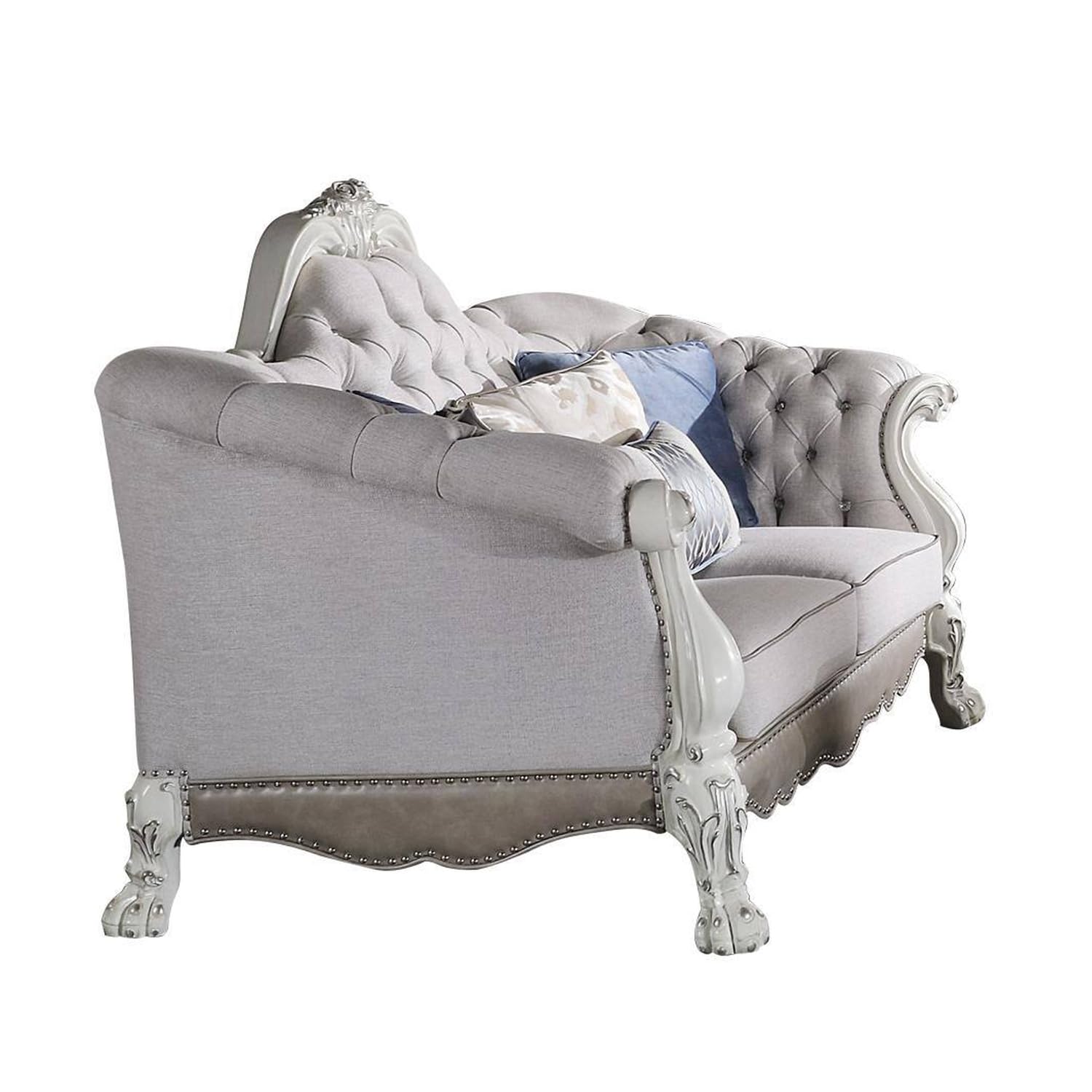 Ally Sofa, 7 Throw Pillows, Classical Bone White Faux Leather, 96 Inch