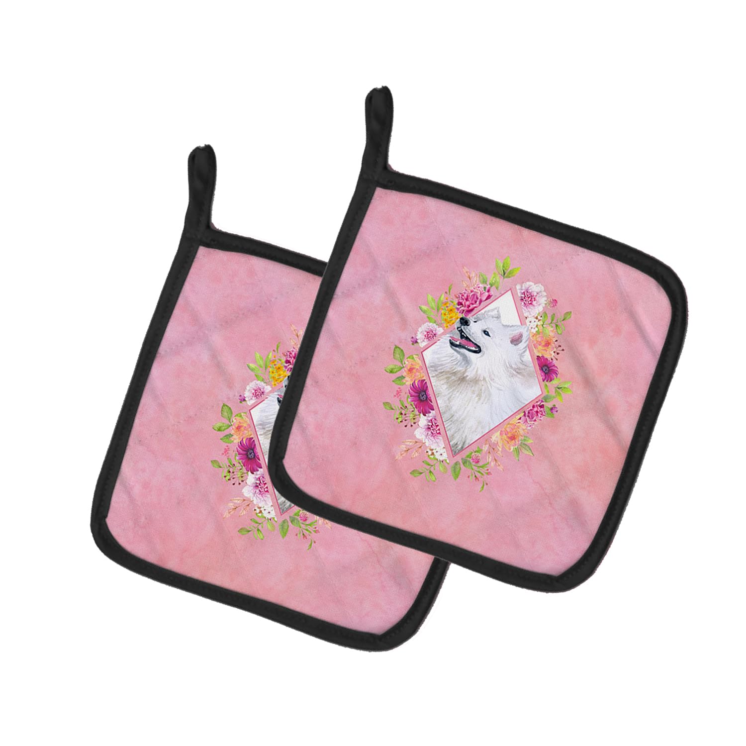 Samoyed Pink Flowers Pair of Pot Holders