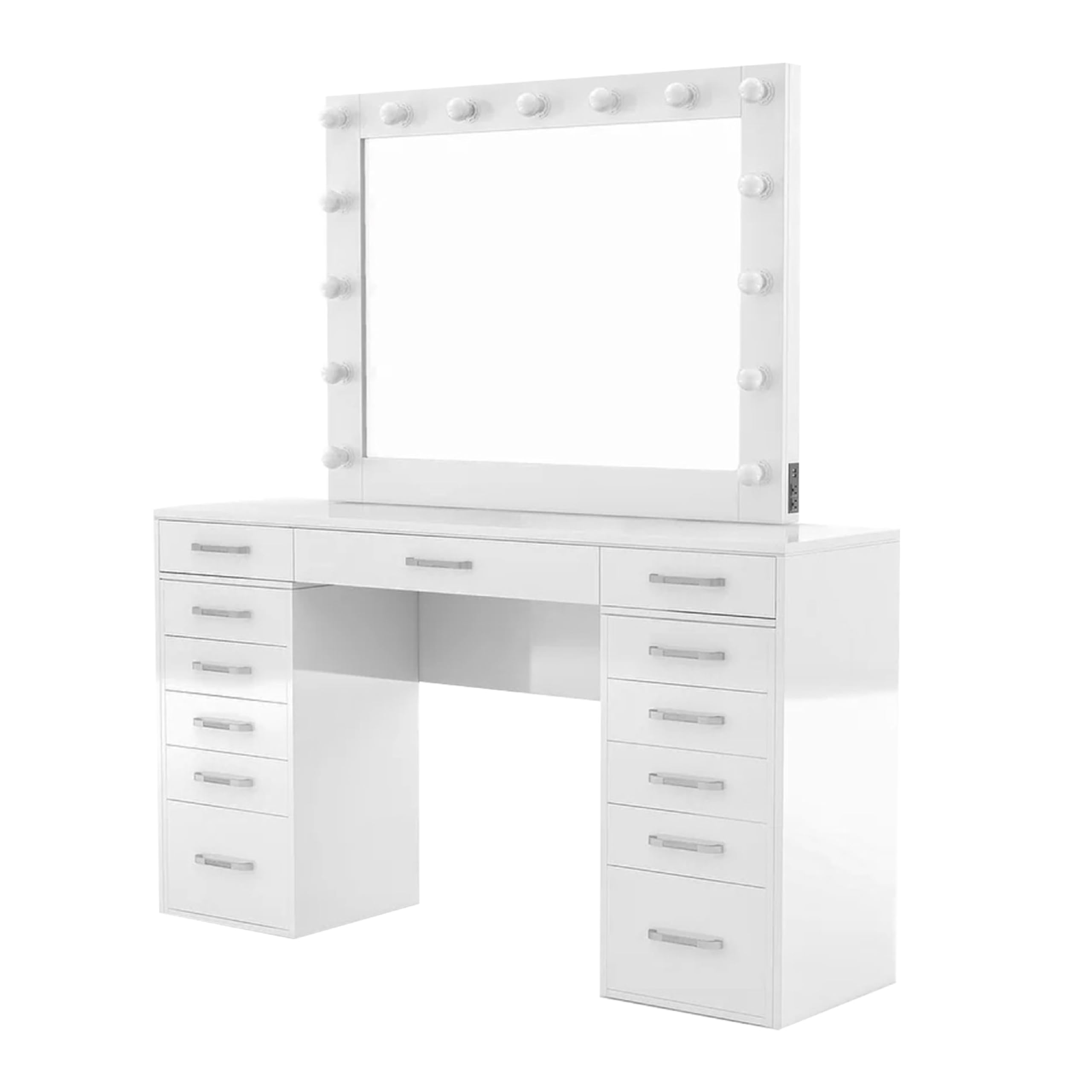 Sheila Vanity Set with Lighted Mirror, Multiple Drawers, White Wood