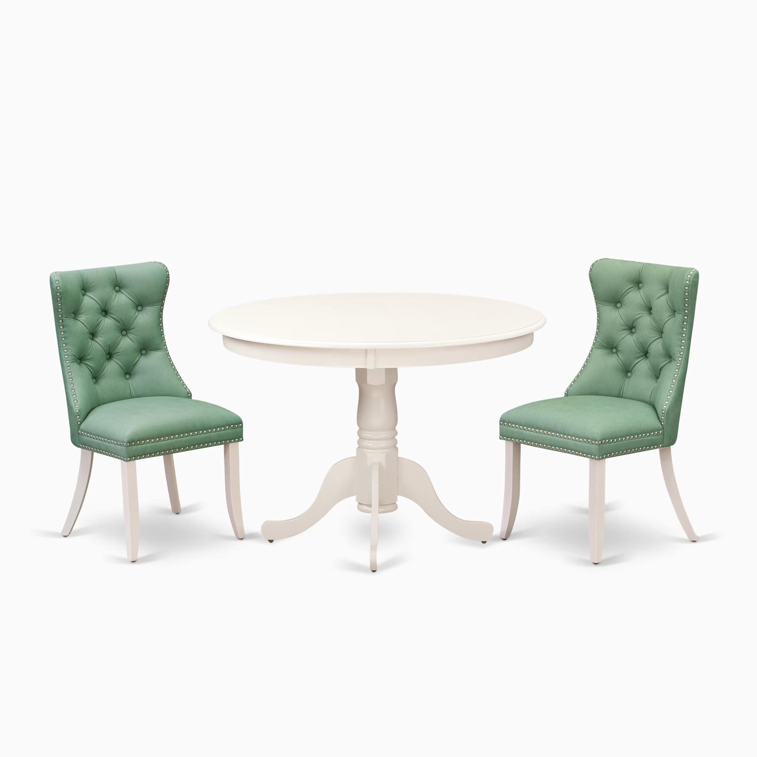 East West Furniture HLDA3-LWH-22 3 Piece Modern Dining Table Set Includes a Round Kitchen Table with Pedestal and 2 Upholstered Parson Chairs, 42x42 Inch, linen white