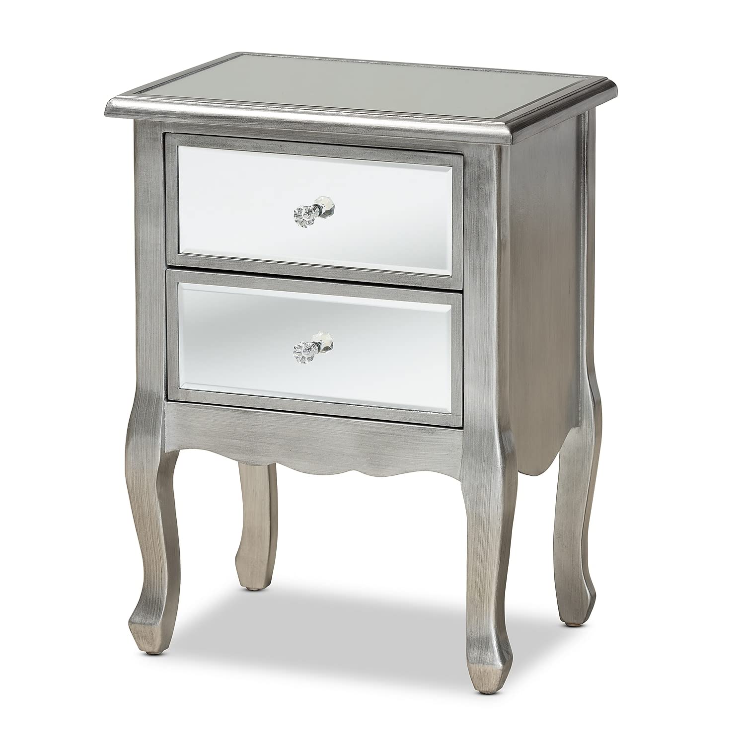 Baxton Studio Leonie Silver Finished Wood Mirrored Glass 2-Drawer Nightstand