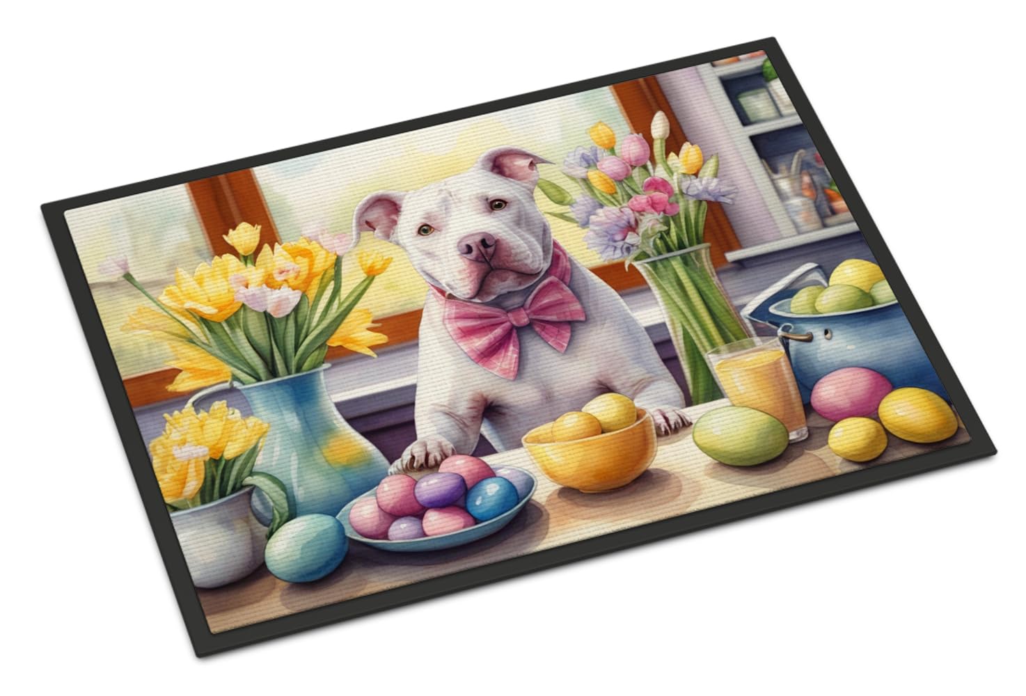 Carolines Treasures DAC6870MAT Decorating Easter Pit Bull Terrier Doormat Front Door Mat Indoor Outdoor Rugs for Entryway, Non Slip Washable Low Pile, 18H X 27W