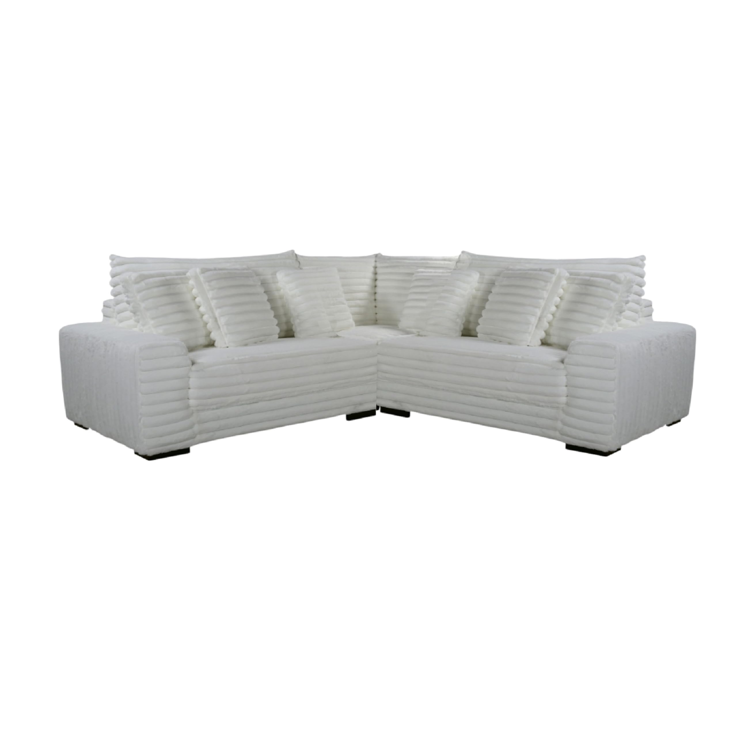 Ezo 3pc Modular Sectional Sofa Set, 6 Pillows, White Ribbed Polyester