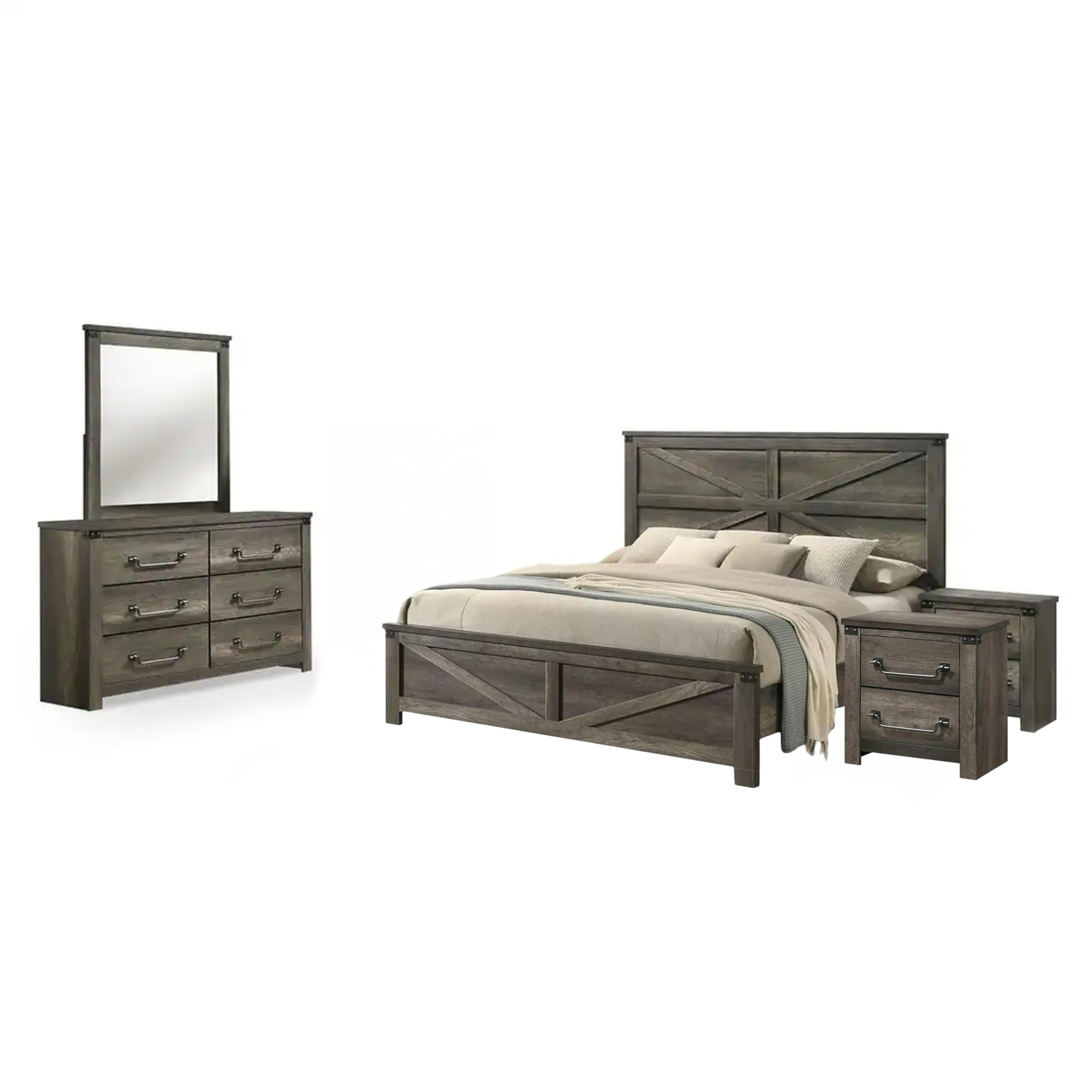 Bry 5pc Farmhouse Queen Complete Bedroom Set, Rustic Gray, 2 Nightstands