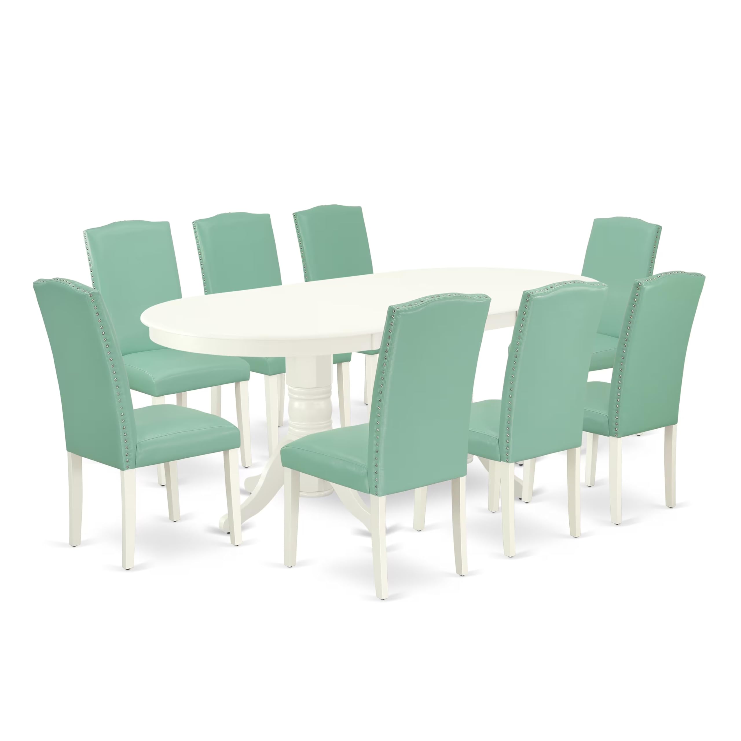 VAEN9-LWH-57 9 Pc Kitchen Set For 8 Dining Table With Leaf And Eight Parson Chair With Linen White Leg And Pu Leather Color Pond