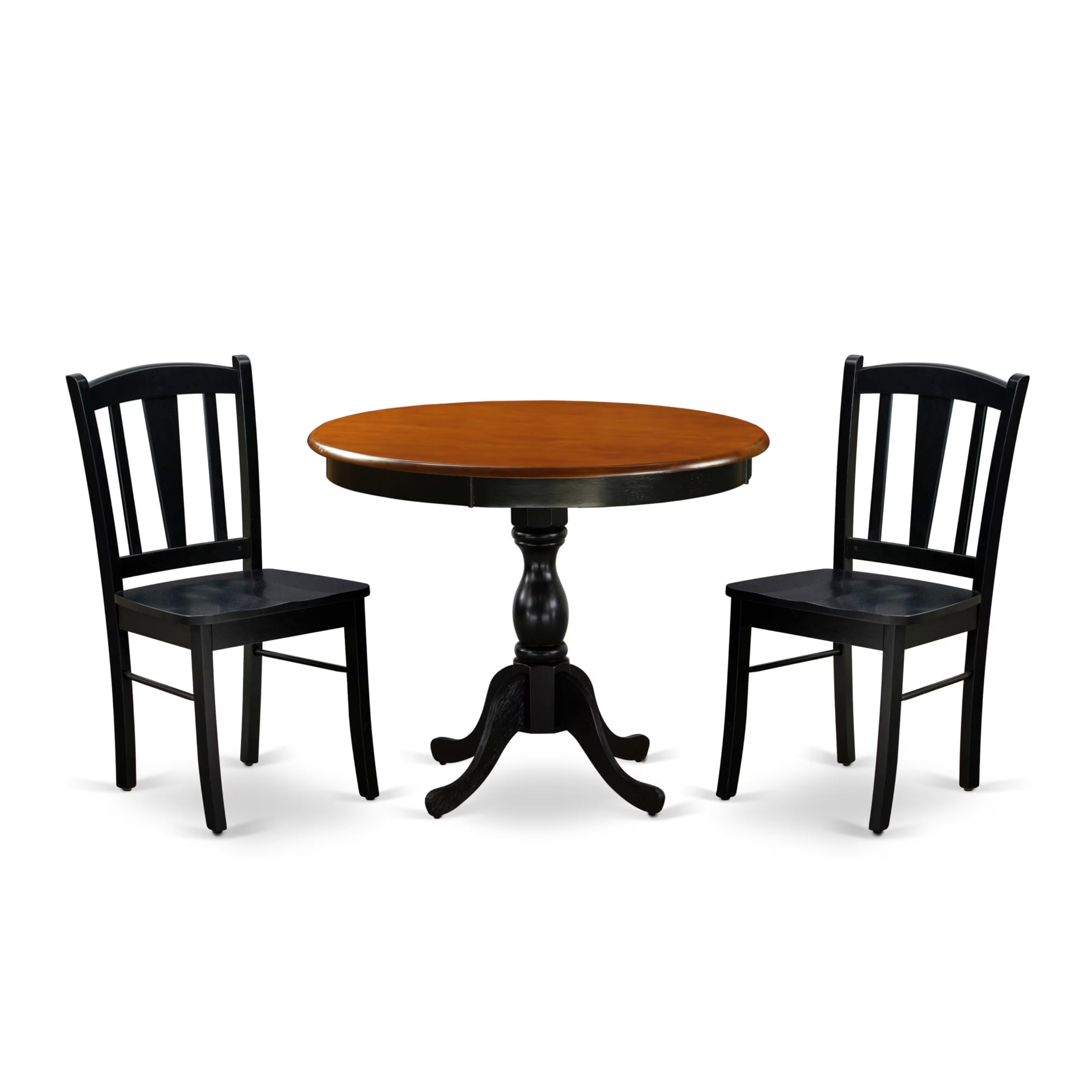 East West Furniture AMDU3-BCH-LC 3-Pc Dining Room Table Set Contains a Mid Century Dining Table and 2 Faux Leather Dining Chairs with Panel Back - Black Finish
