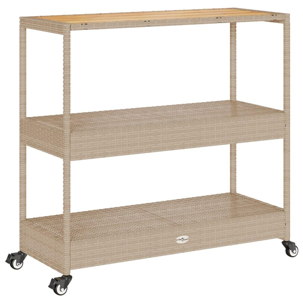 Vidaxl 3-Tier Bar Cart - Beige/Brown Poly Rattan & Acacia Wood, Rolling Serving Trolley For Indoor/Outdoor Use - 39.8' X 15.7' X 39.4'