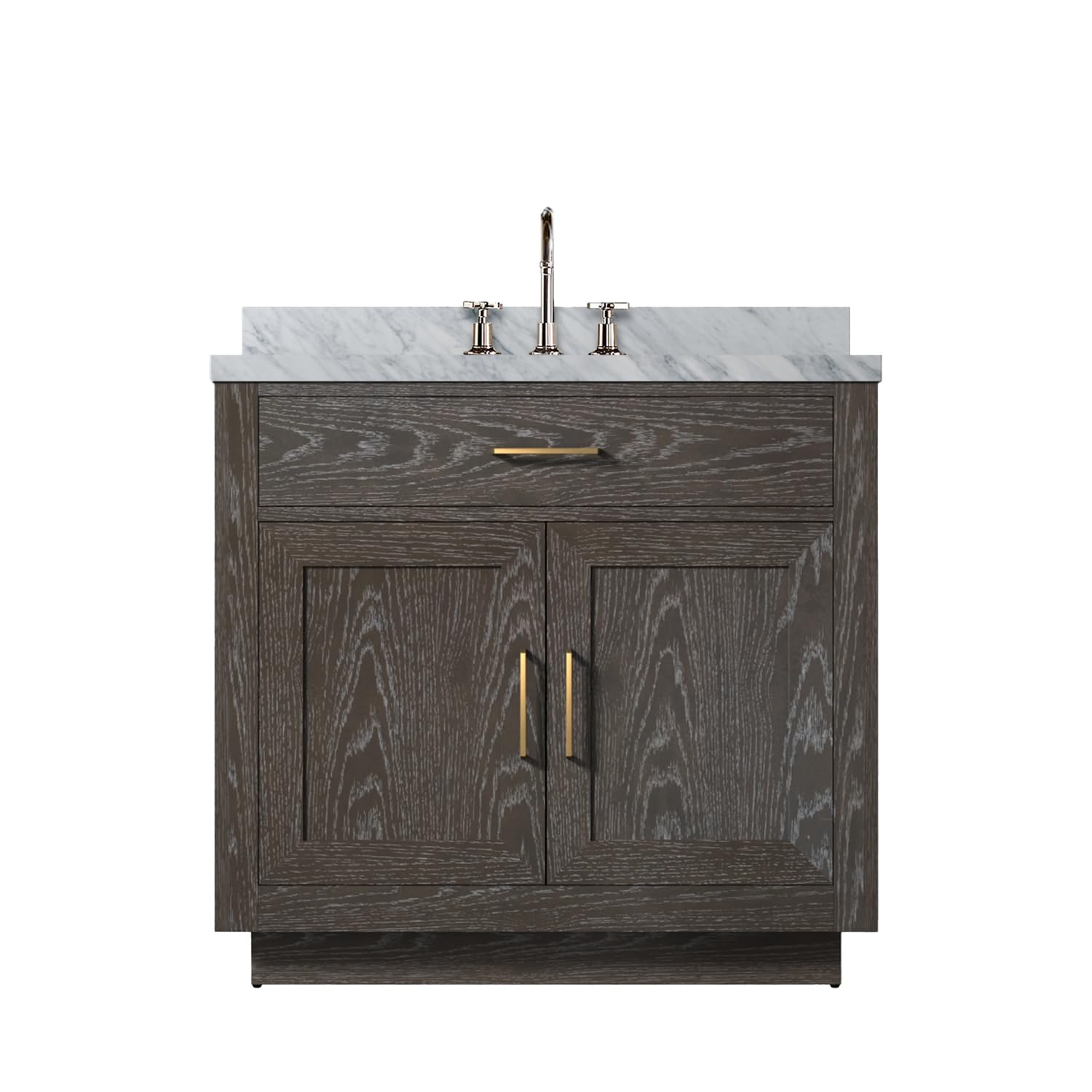 Abbey 36 in W x 22 in D Brown Oak Single Bath Vanity, Carrara Marble Top, and Faucet Set