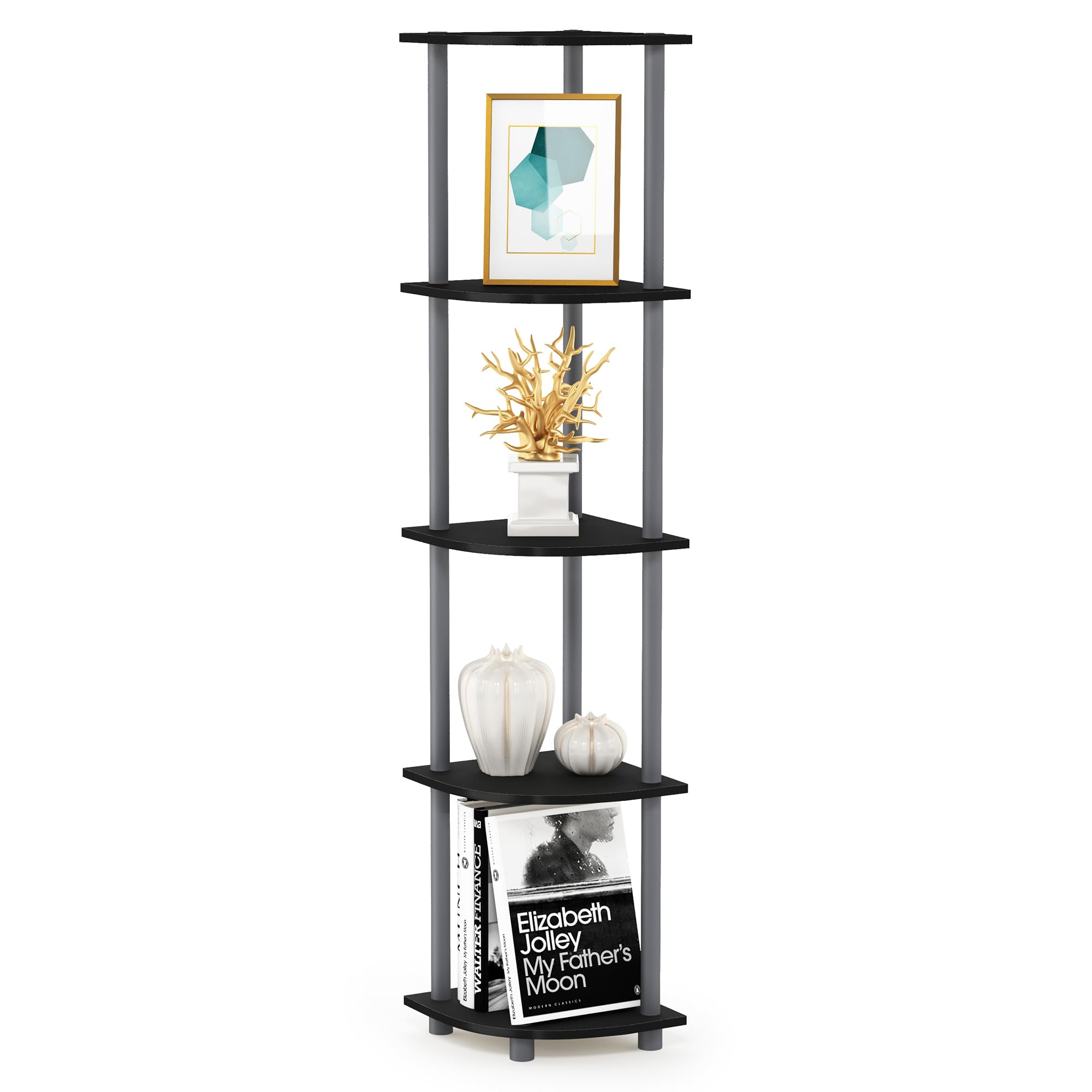 Furinno 99811BK/GY Turn-N-Tube 5 Tier Corner Display Rack Multipurpose Shelving Unit, Black/Grey