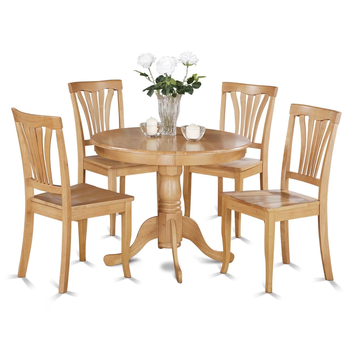 East West Furniture ANAV5-OAK-W 5 Piece Room Set Includes a Round Kitchen Table with Pedestal and 4 Dining Chairs, 36x36 Inch