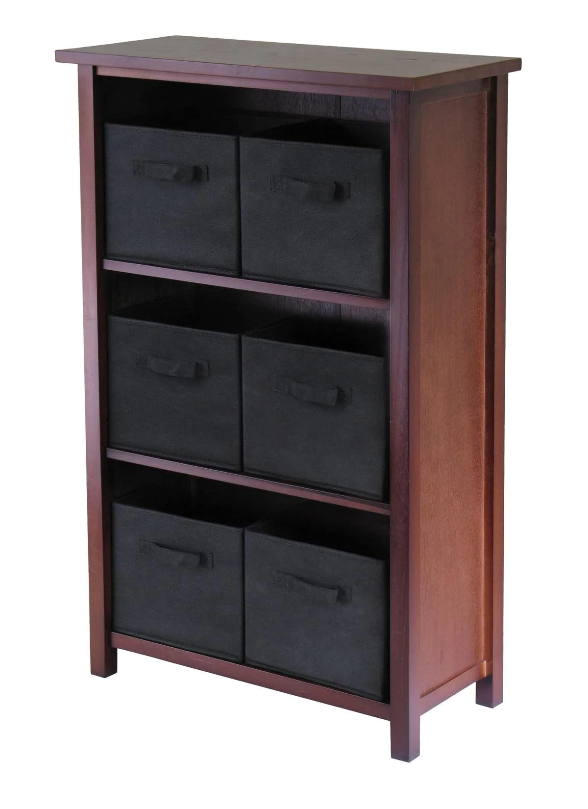 Verona 7-Pc Storage Shelf with 6 Foldable Fabric Baskets, Walnut and Black