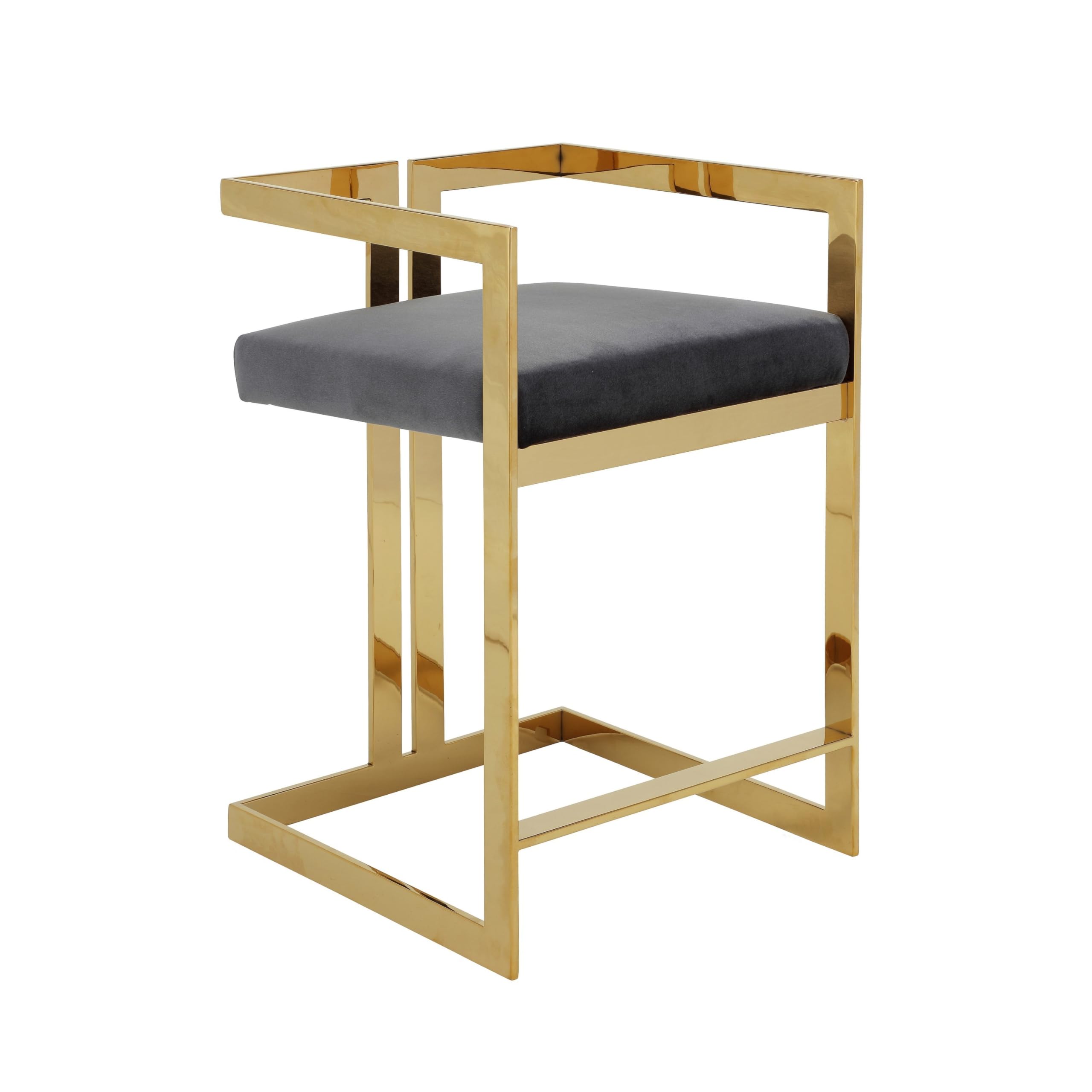 Suki 26 Inch Barstool Chair, Gray Velvet Seat, Stainless Steel, Gold Finish