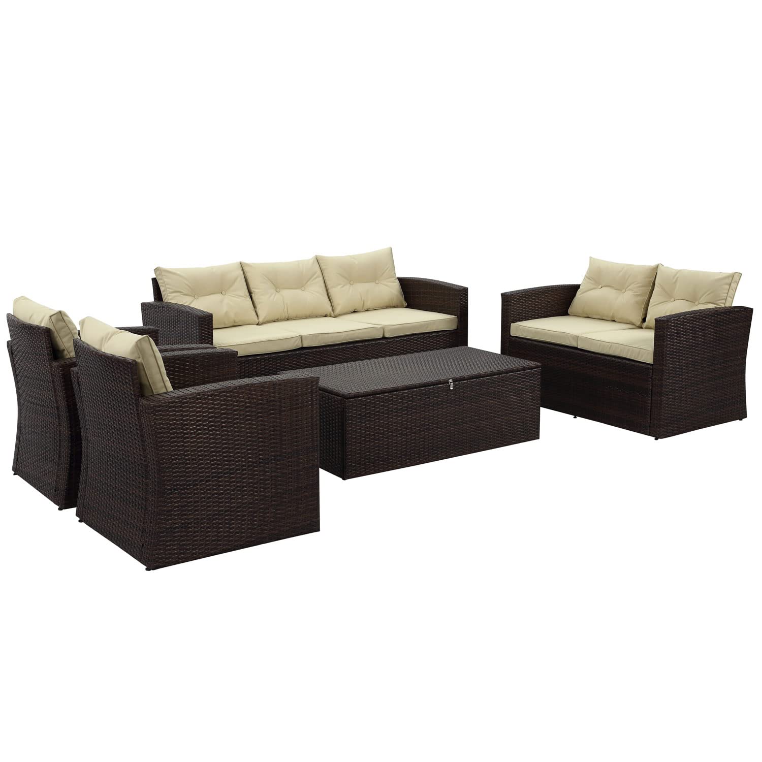 Rio-5 Piece 7 Seat Dark Brown All Weather Wicker Conversation set with Storage and Beige Cushions