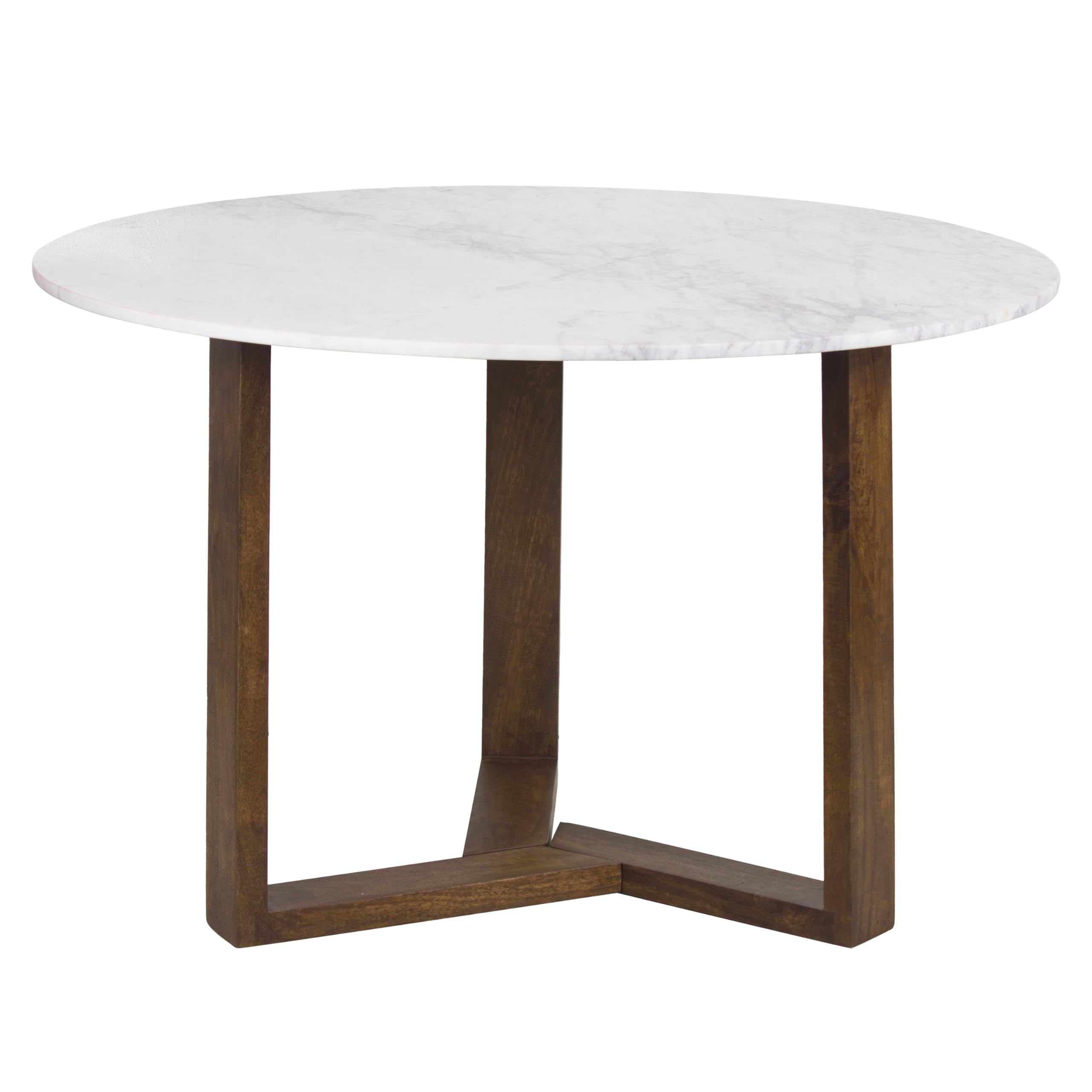 Fina 48 Inch Round Dining Table, White Genuine Marble Top, Natural Brown Mango Wood 3 Leg Sled Base