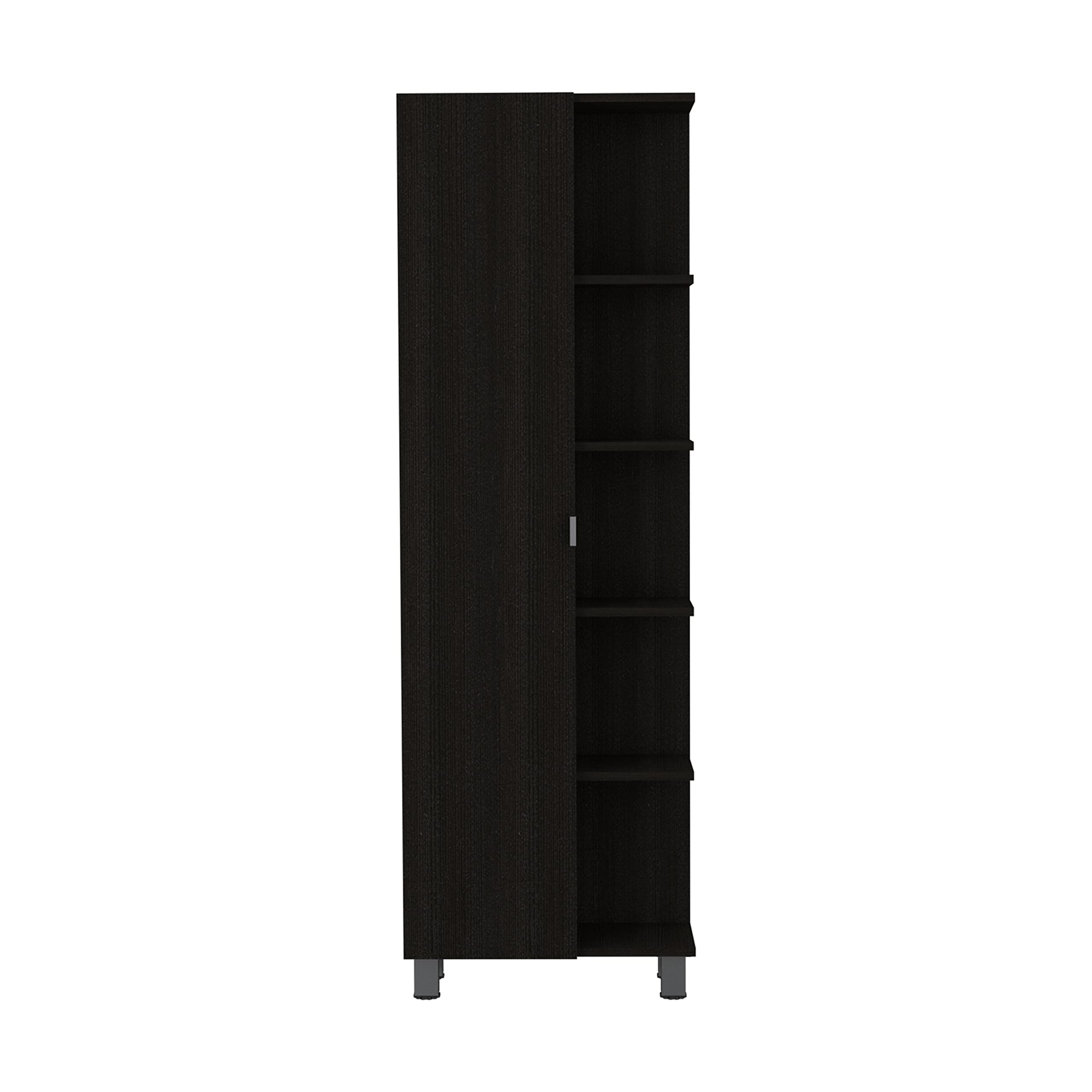 Depot E-Shop Venus Linen Single Door Cabinet With Five External Shelves And Four Interior Shelves, 62' H, Black, Bathroom