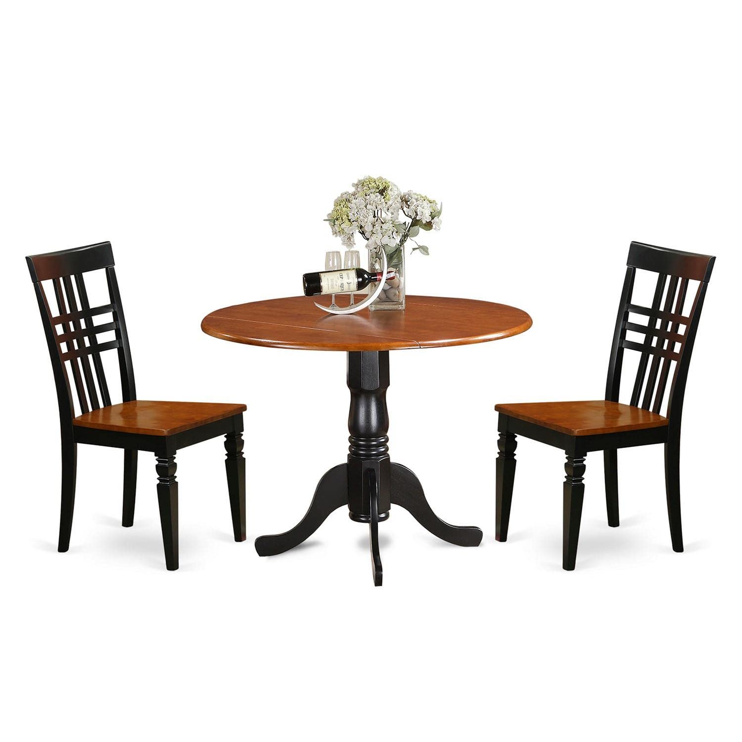 East West Furniture DLLG3-BCH-W 3 Piece Room Set Contains a Round Kitchen Table with Dropleaf and 2 Dining Chairs, 42x42 Inch, Black & Cherry