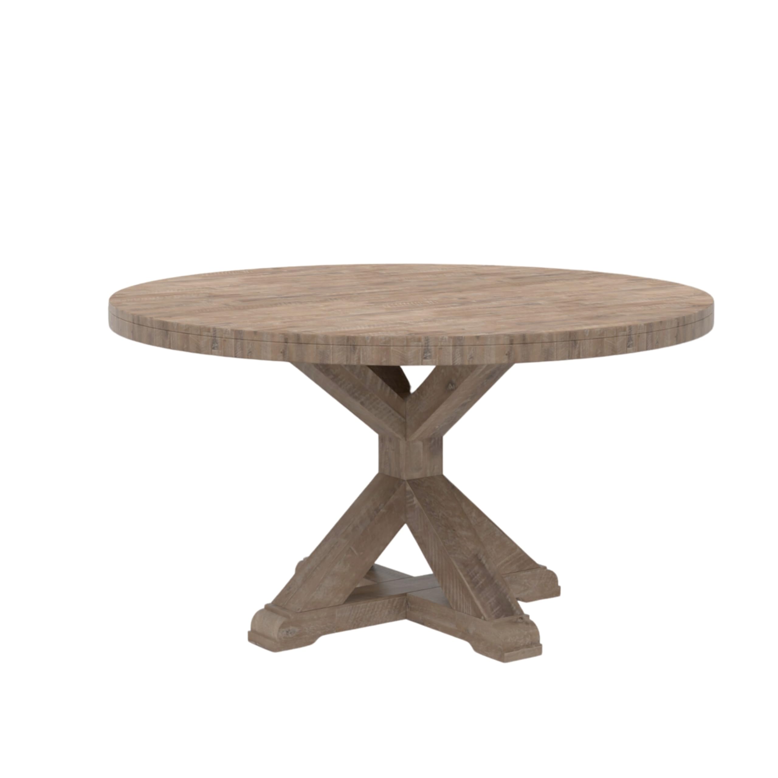 Bela Dining Table, 54 Inch Round Top w Solid X Base, Weathered Brown