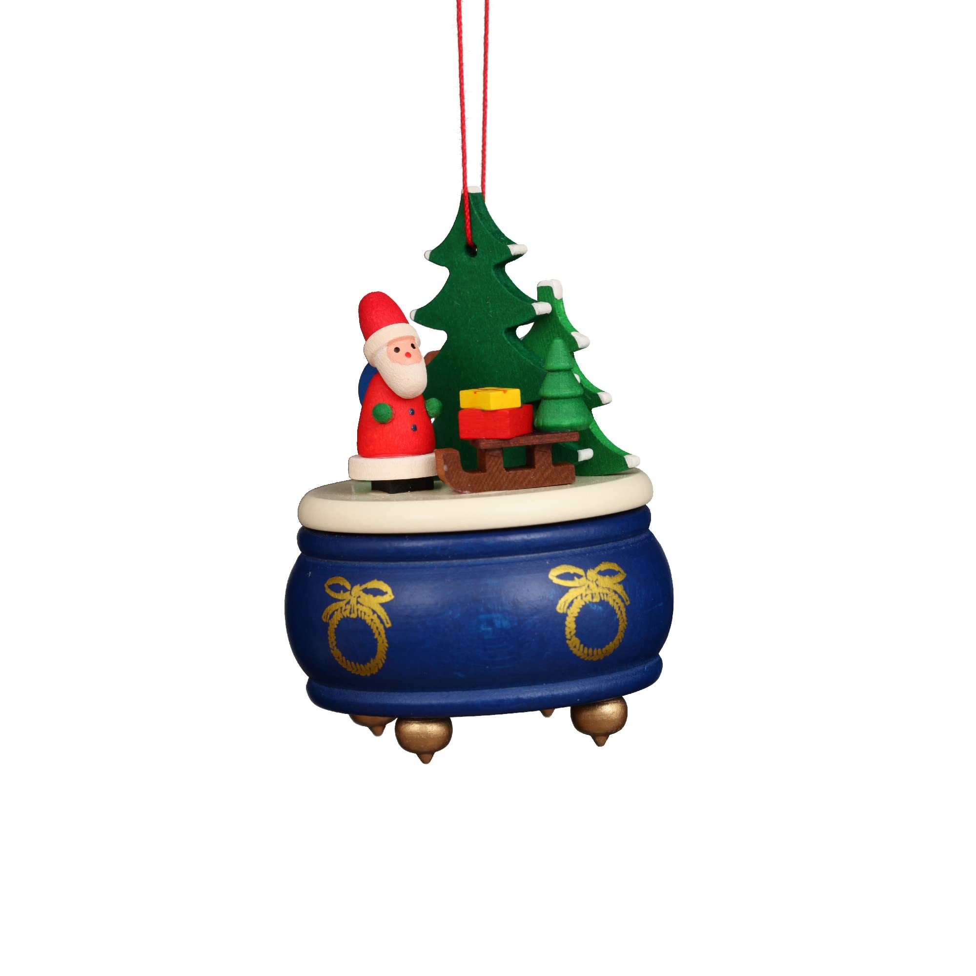 10-0925 - Christian Ulbricht Ornament - Blue Music Box With Santa - 3H x 2.5”W x 2.5”D