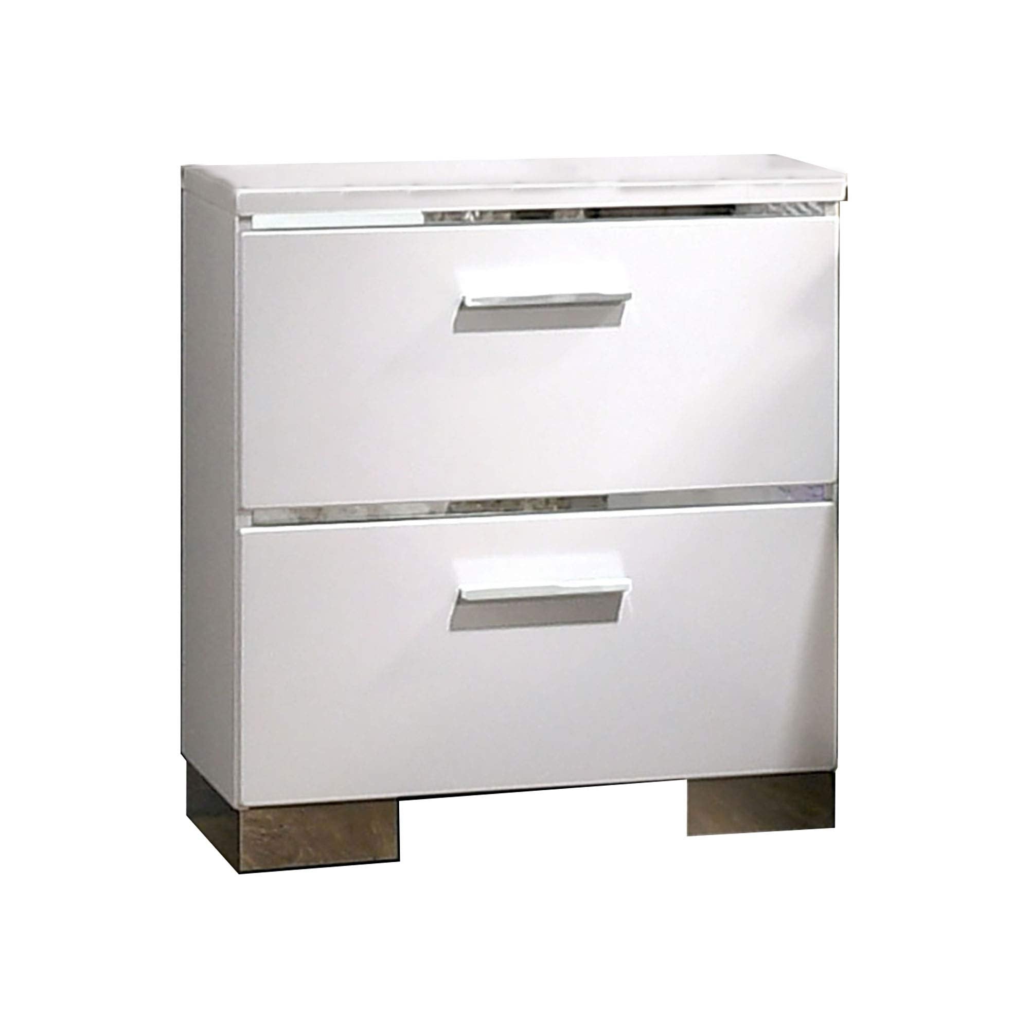 Wood and Metal Nightstand with 2 Drawers,  White and Silver