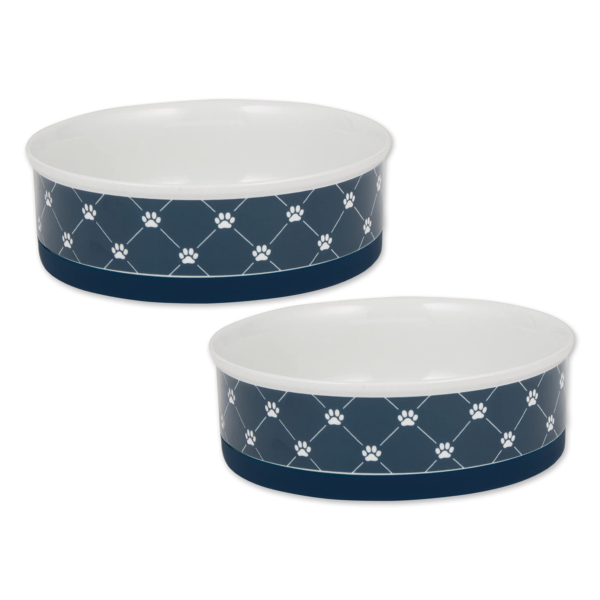 Bone Dry Trellis Paw Print Pet Bowl Set Microwave & Dishwasher Safe, Non-Slip Silicone Bottom For Less Mess, Large 7.5X2.4, Navy