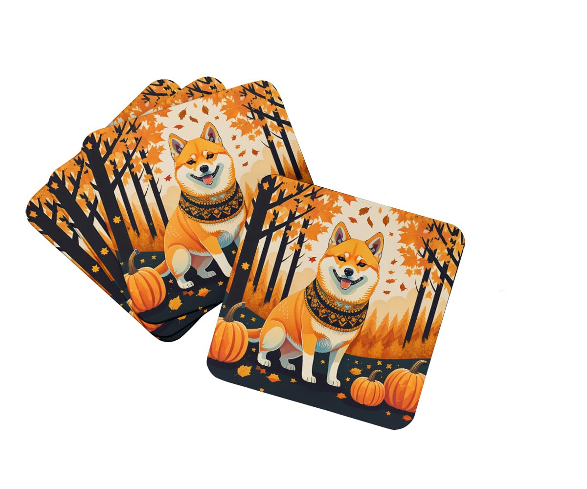 Carolines Treasures Shiba Inu Fall Foam Coaster Set of 4 Cup Coasters for Indoor and Outdoor, Coaster for Tabletop Protection, Anti Slip, Mouse pad Material