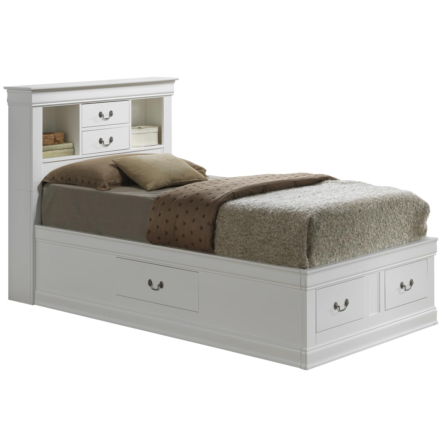Louis Philippe White Twin Storage Platform Bed with 6 Storage Drawers