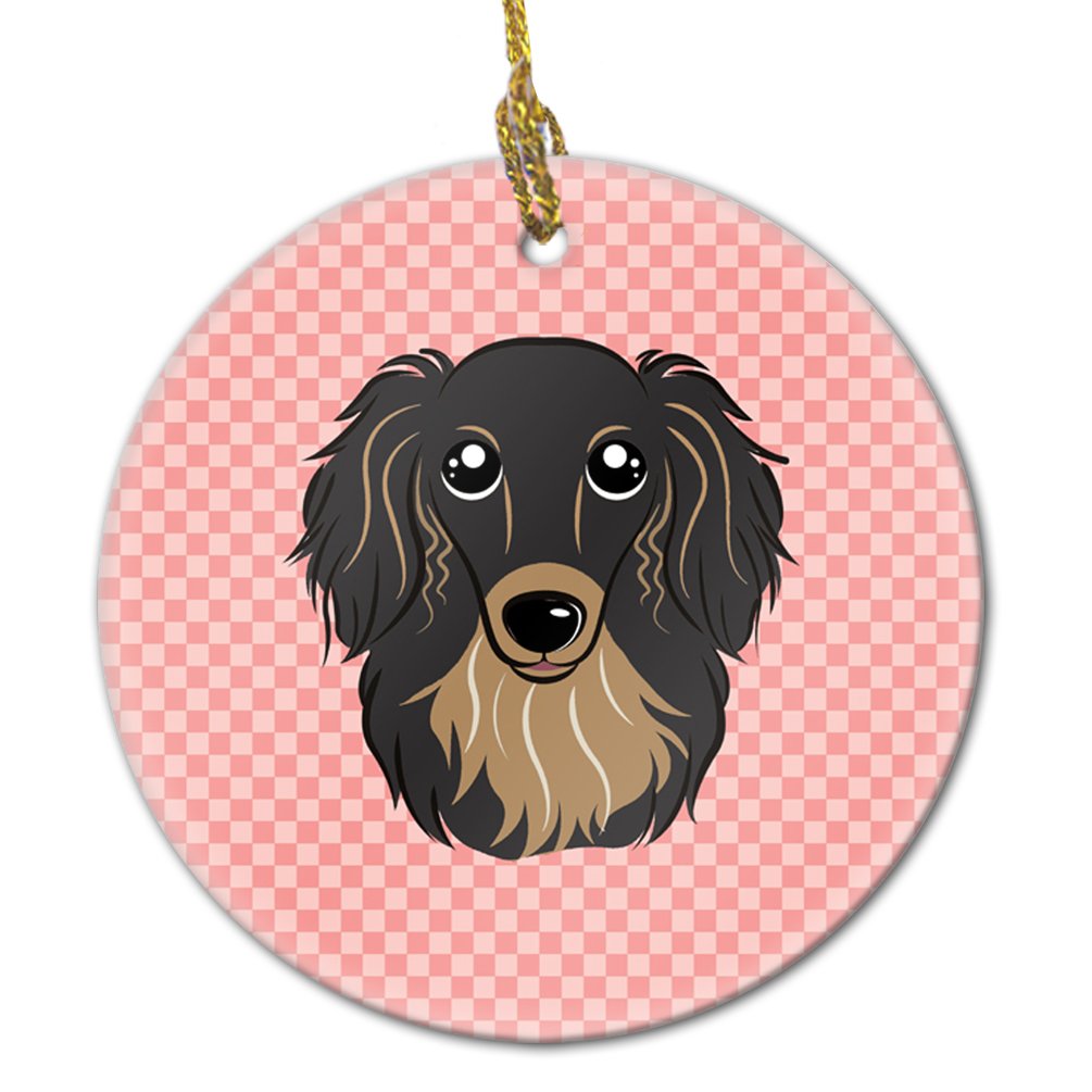Checkerboard Pink Longhair Black and Tan Dachshund Ceramic Ornament BB1213CO1