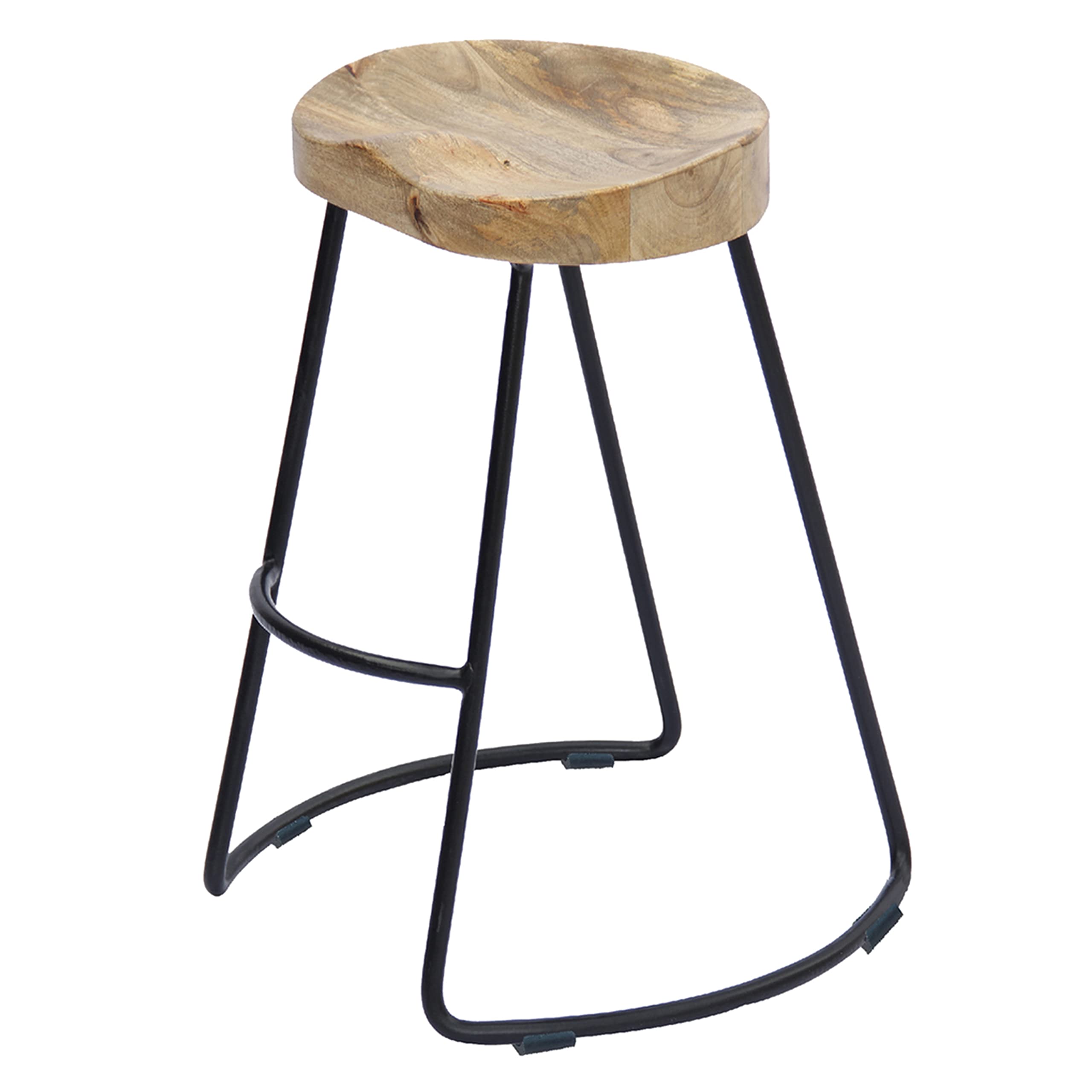 Ela 24 Inch Counter Height Stool, Mango Wood Saddle Seat, Iron Frame, Brown and Black